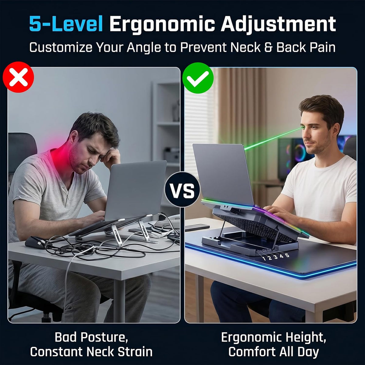 Gaming Laptop Cooling Pad, Laptop Cooler with 12 Quiet Fans, RGB Laptop Fan Cooling Stand with LCD Display, 5-Level Ergonomic Adjustable Mount, Fits 15.6 17 17.3 Inch Laptops, Mac, PC (Black)