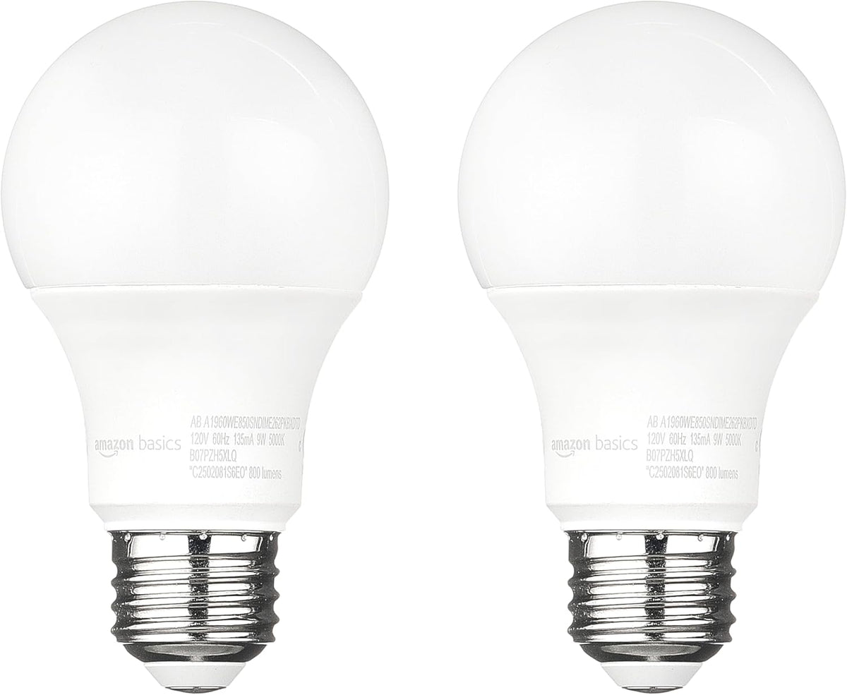 Amazon Basics A19 Dusk to Dawn Sensor LED Outdoor Light Bulbs, 60W Equivalent, Daylight 5000K, E26 Base, Auto On/Off, Porch, 10,000 Hours, 2-Pack