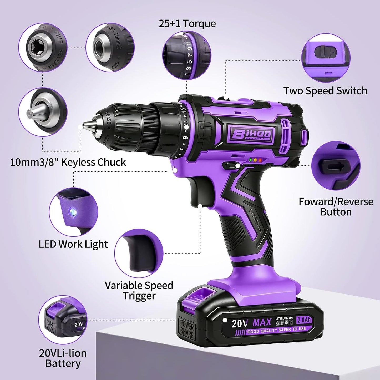 20V Cordless Drill with Battery and Charger, 3/8'' chuck, Purple | 25+1 torque settings, 25Nm max, 2-speed 1600RPM electric screwdriver, 3/8 inch keyless chuck, LED light, 2000mAh Li-ion power