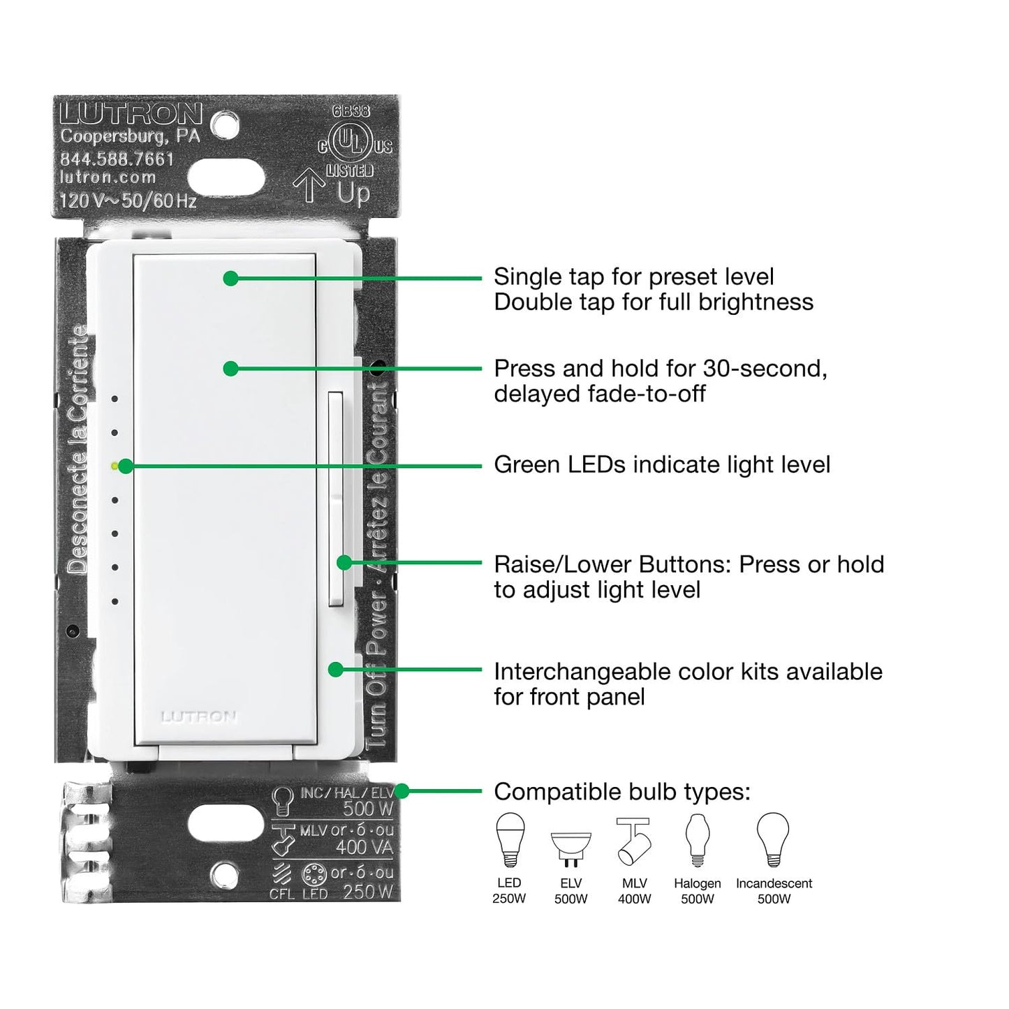 Lutron Maestro PRO LED+ Tap Dimmer Switch for 250W LED, 500W ELV, 400W MLV, Single Pole/Multi-Location, Neutral Wire Optional, MA-PRO-WH, White