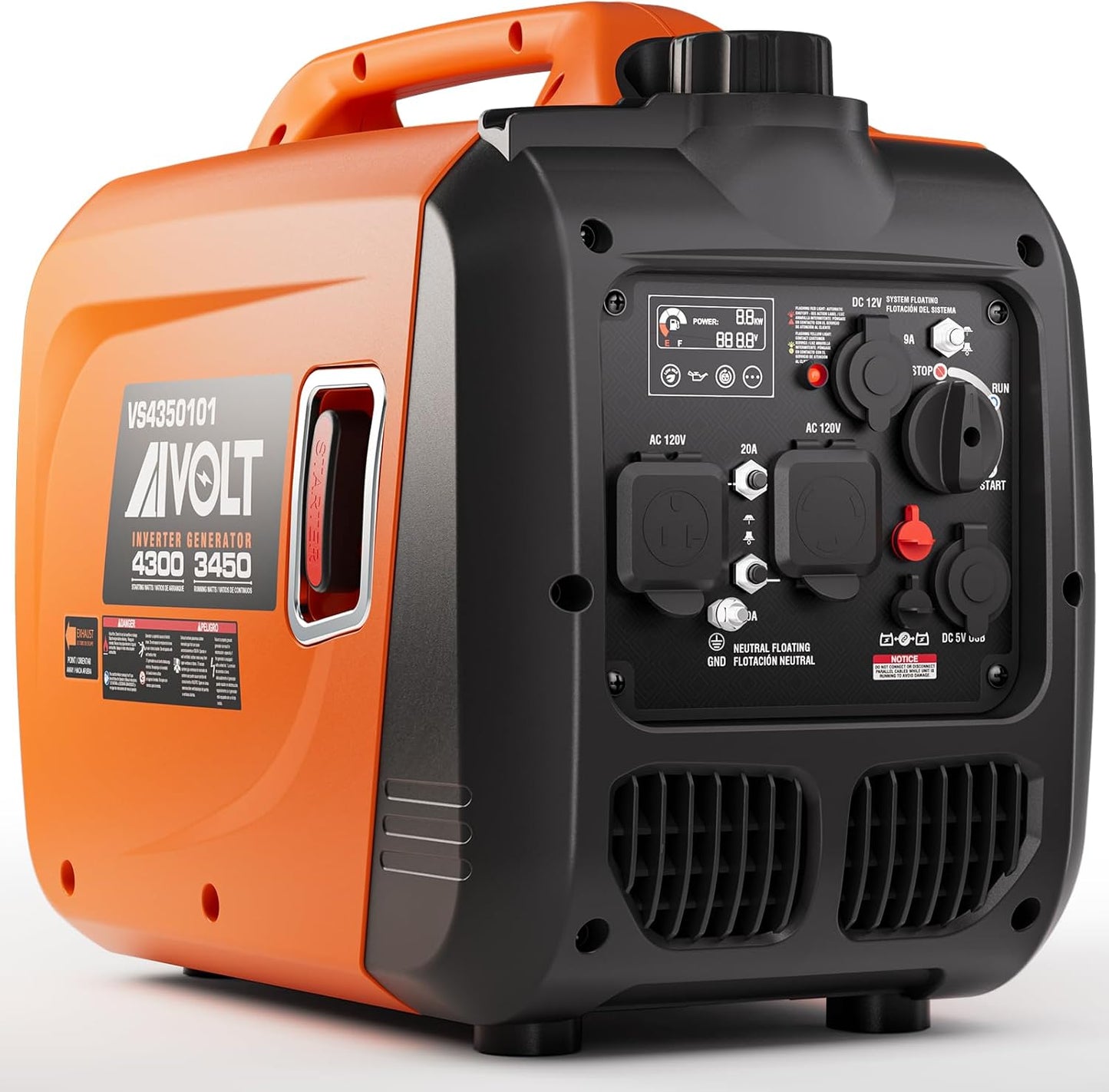 AIVOLT 4300W Inverter Generator Gas Powered Quiet RV Generator for Camping | 3450W Running. 60dBA Super Quiet. <3% THD Clean Power. CO Auto-Shutoff. 5.5h ECO Mode. Parallel Ready. EPA Compliant.