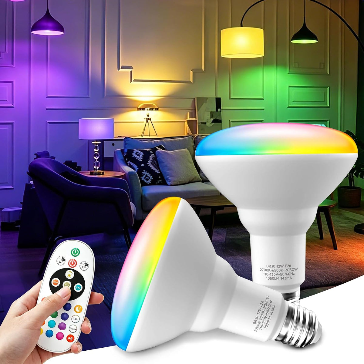 BR30 LED Light Bulbs, Color Changing LED Bulbs with Remote, 2 Pack