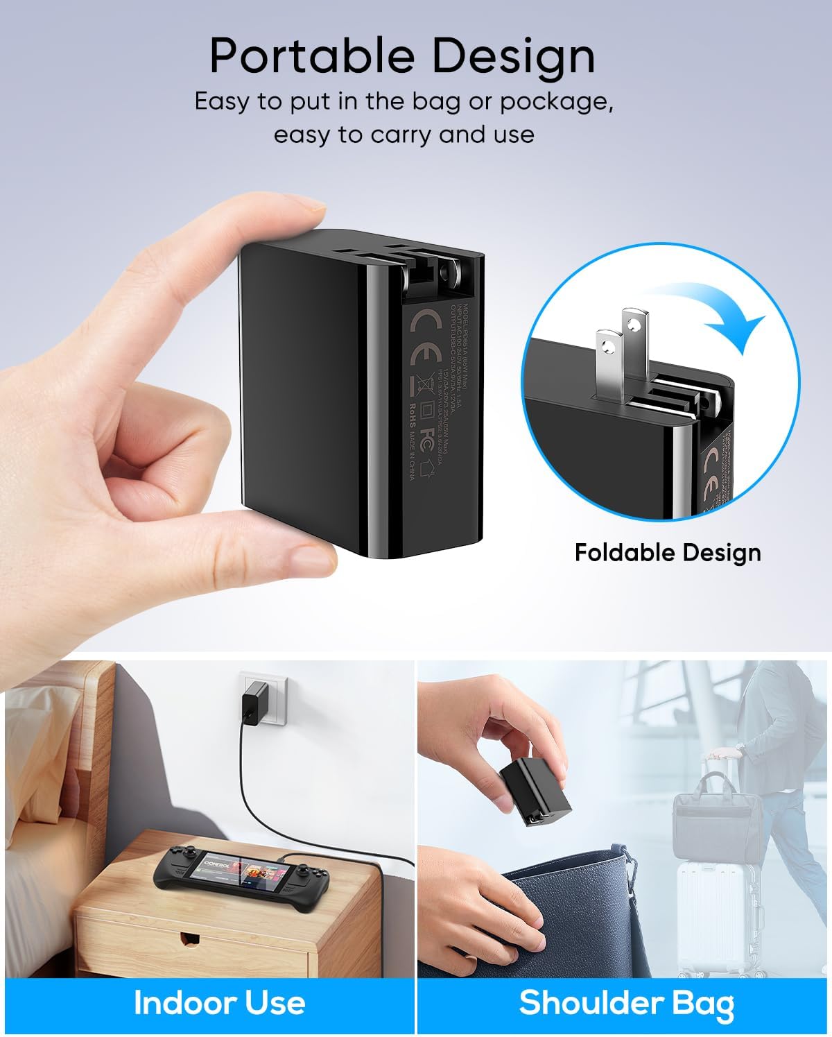 65W Fast Charger for Steam Deck & Nintendo Switch 2 with 6.6FT(2M) Cable - PD3.0 Foldable AC Adapter for ROG Ally, Switch 2 Charger Support TV Dock PS Console[Original Steam Deck Charger Replacement]