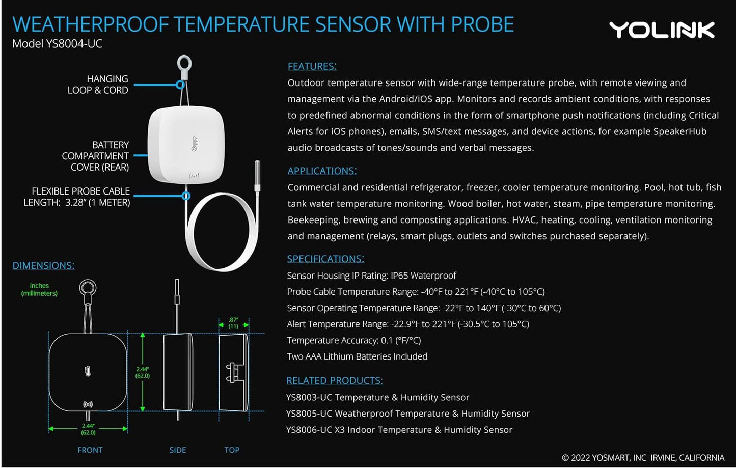 YoLink Weatherproof Fluid, Air, Surface Extreme High/Low Temperature Sensor with Probe, 1/4 Mile Long Range, YoLink Hub Required (Pack of 2)