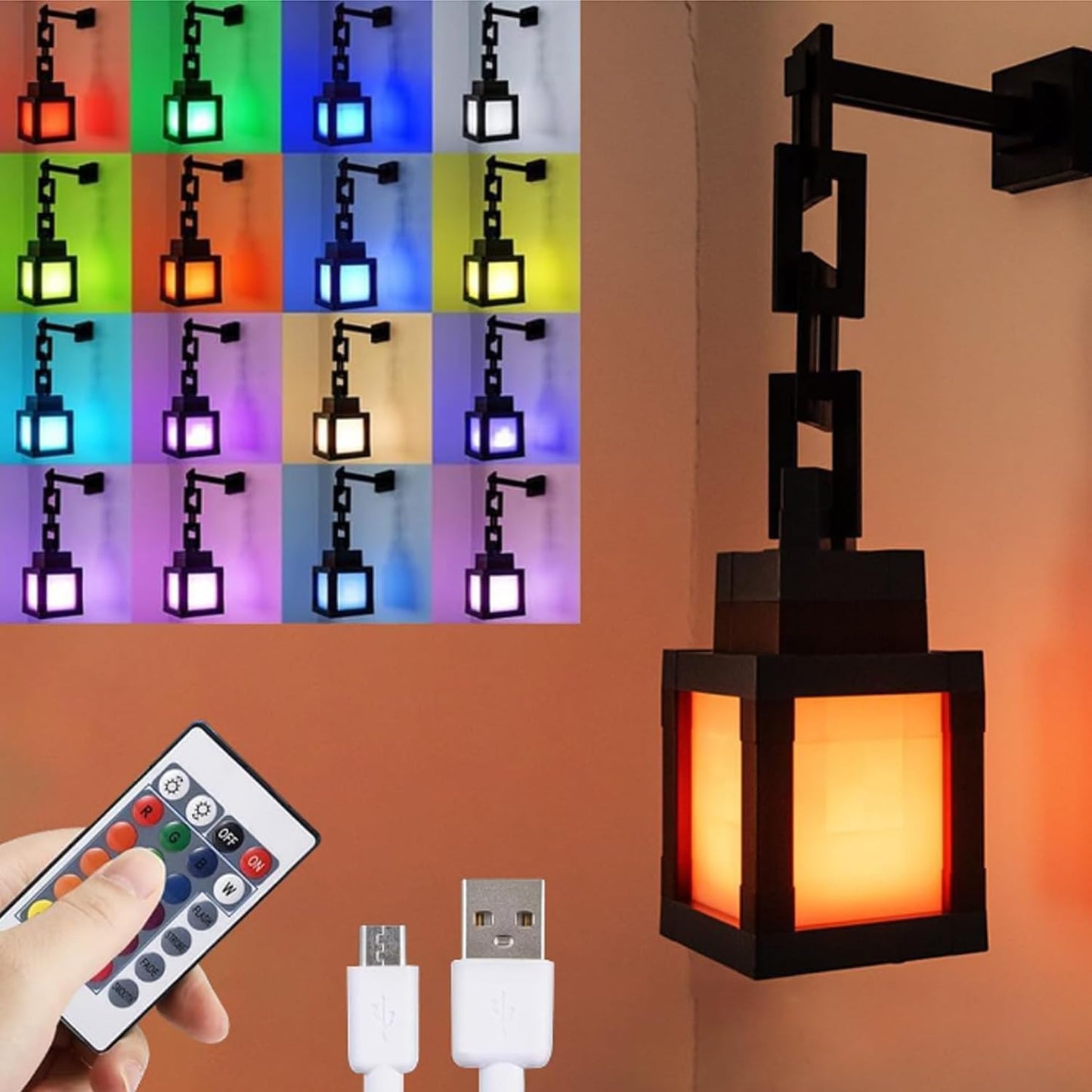 Pixelated Lantern Night Light for Kids, LED 16 Colors Change Hanging Lamp | Rechargeable, Soft, Free Hanging/Tabletop Nightlight Gamer Boys Girls Bedroom Game Room Dorm Home Wall Decor, Birthday Gift