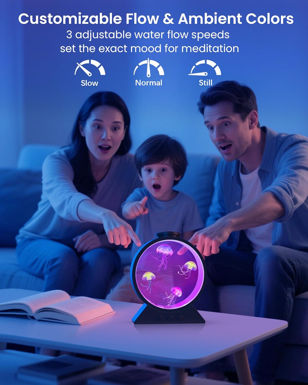Jellyfish Lamp for Sleep Anxiety Calming Night Light for Bedroom(Black) | Whisper-Quiet Sensory | 7 Soft Color Modes | Adjustable Water Flow | 8H Auto-Off Timer | Rounded Tank Lamp Gift for All Ages