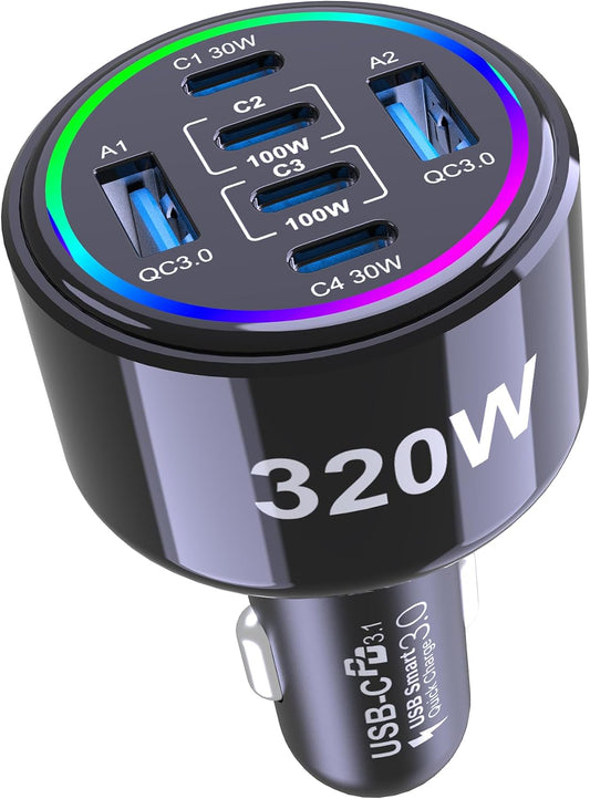 320W USB C Car Charger, 6 Ports Type C Car Charger | PD3.0/QC4.0/PPS Super Fast Charging for iPhone 17/16/15 Series, Galaxy S25/S24/23, iPad, MacBook Pro/Air, Laptop (Black)