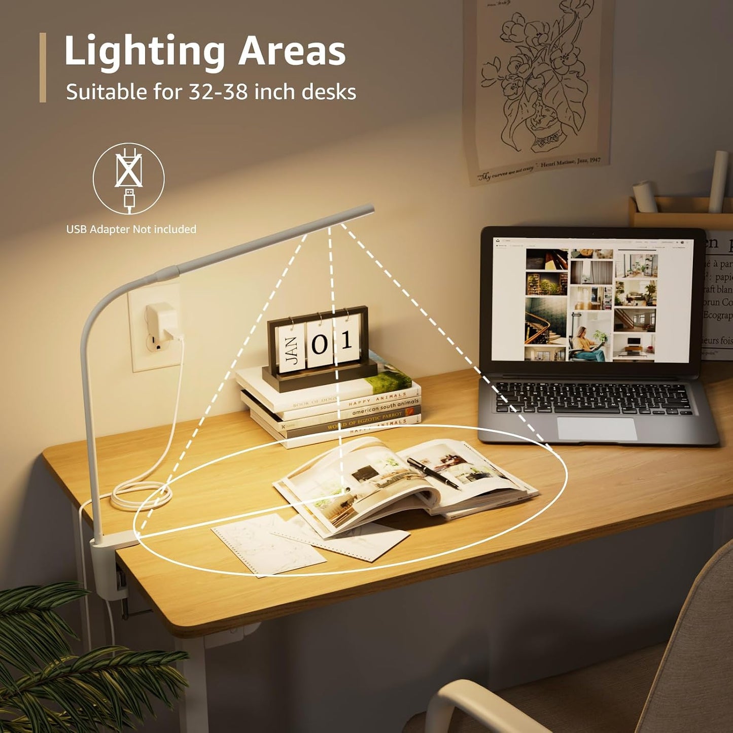 Lepro Small Desk Lamp with Clamp, LED Reading Lamps, 460LM, 5W, White | 3 Color Modes 10 Brightness, Dimmable USB Clip on Desk Light with Gooseneck Swing Arm for Nail, Home Office and Dorm