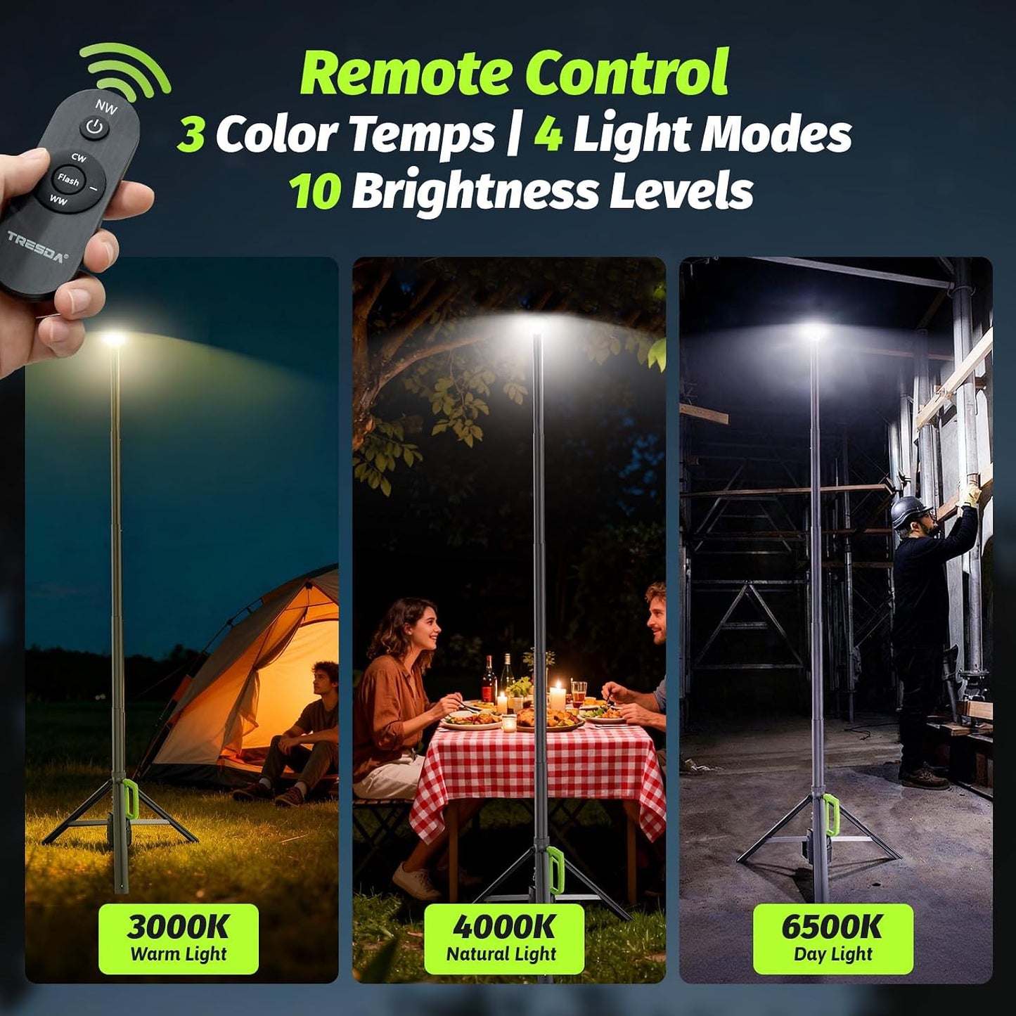 Tresda Rechargeable Telescopic Camping Light, 8.4FT LED Work Light with Tripod Stand & Remote Control, 3000LM Super Bright, 3 Color Temps, Portable Tripod Lights for Outside, Sports, Emergency