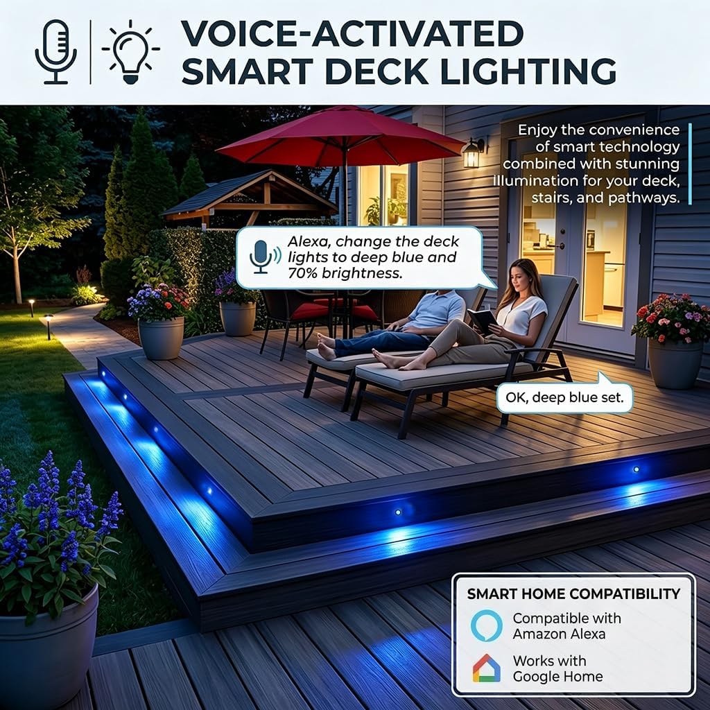 Sumaote LED Deck Lights Kit, 20Pcs 1.22" WiFi Smart Phone Control Recessed RGBW Deck Stair Lighting, IP67 Waterproof Outdoor Low Voltage Landscape Lighting for Steps Path Pool Side, Black