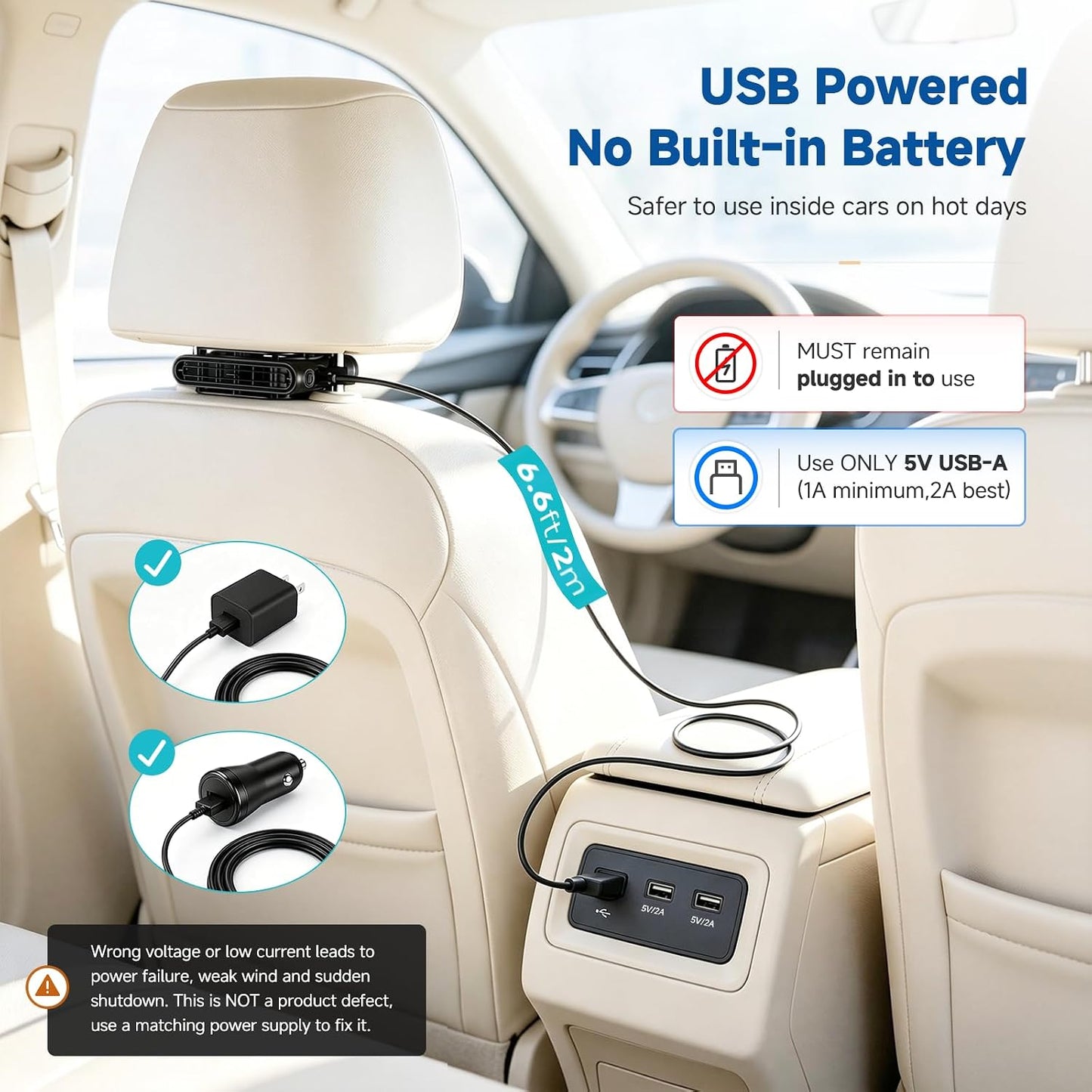 ElfTrip Car Seat Fan with Dual Air Outlets, Corded USB Car Fans for Kids for Driver Passenger, Stronger 3 Speeds, Forward or Backward Airflow, Fits in Most Car SUV (1 Pack No-Recharge Plug-in to Work)