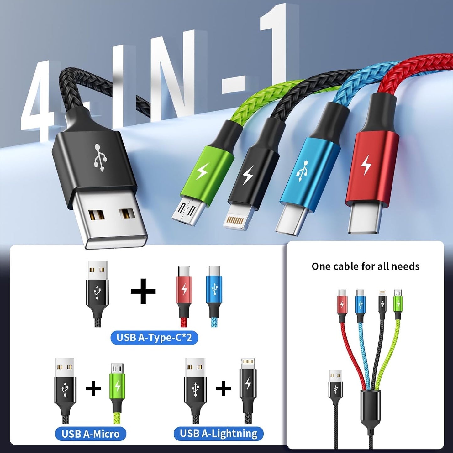 4 in 1 Multi Charging Cable, 2 Pack 5FT Charging Cords for Multiple Devices | USB Cable Phone Charger with USB C, IP and Micro, Nylon Braided, Cruise Essentials 2026, Travel Car Accessories