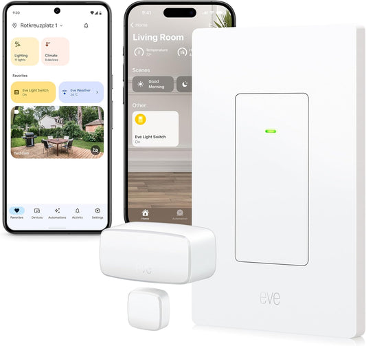 Eve Smart Lighting Bundle (Matter): Smart Light Switch + Door & Window Sensor to automate Lighting, Seamless Integration in Apple Home, Alexa, Google Home, SmartThings, Requires Thread Border Router
