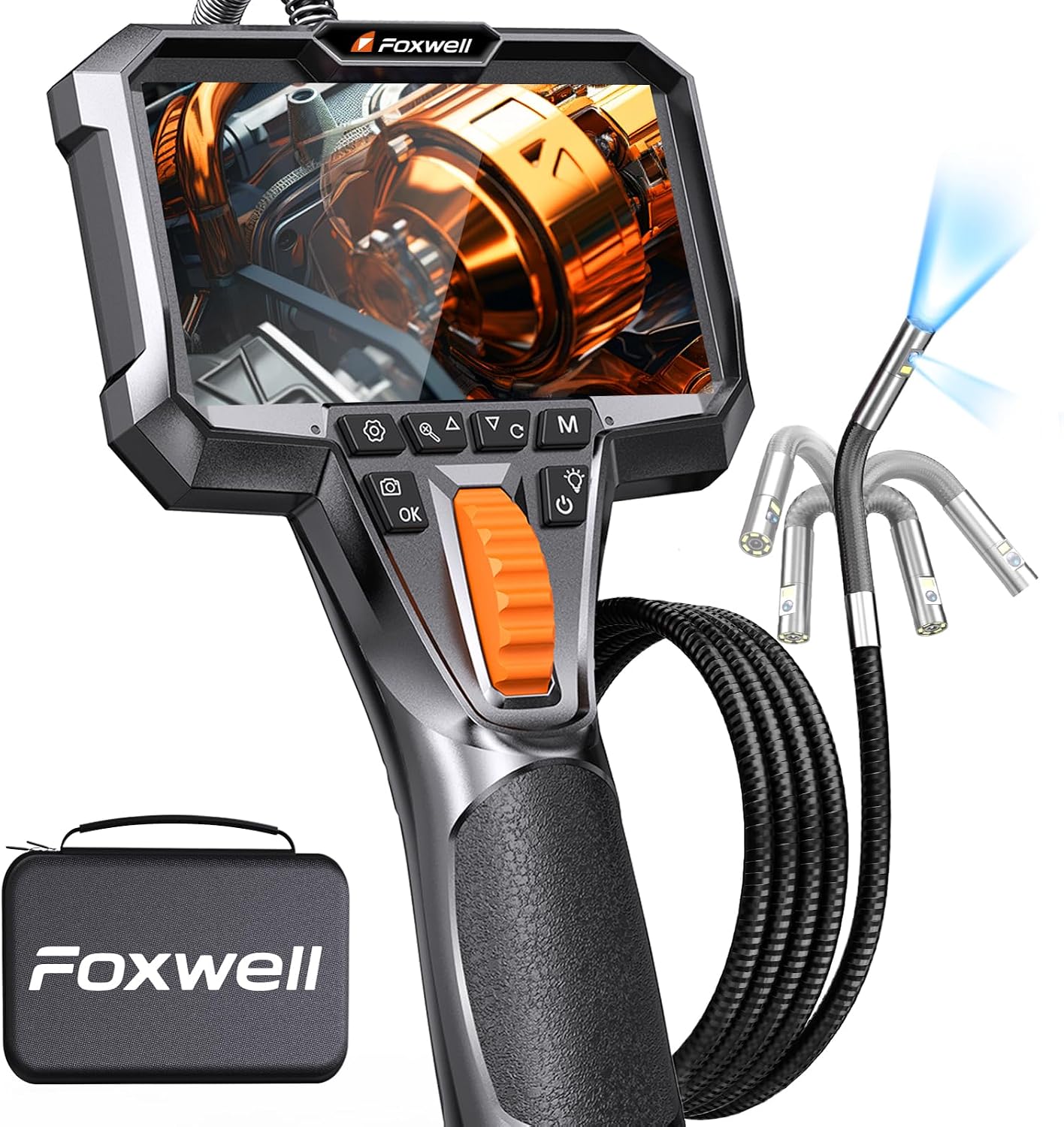 FOXWELL Dual Lens Two-Way Articulating Borescope, 1080P Endoscope Camera | with Light, IPS HD Screen, IP67 Waterproof, Flexible Semi-Rigid Snake Scope for Automotive Engine Pipe Home Inspection