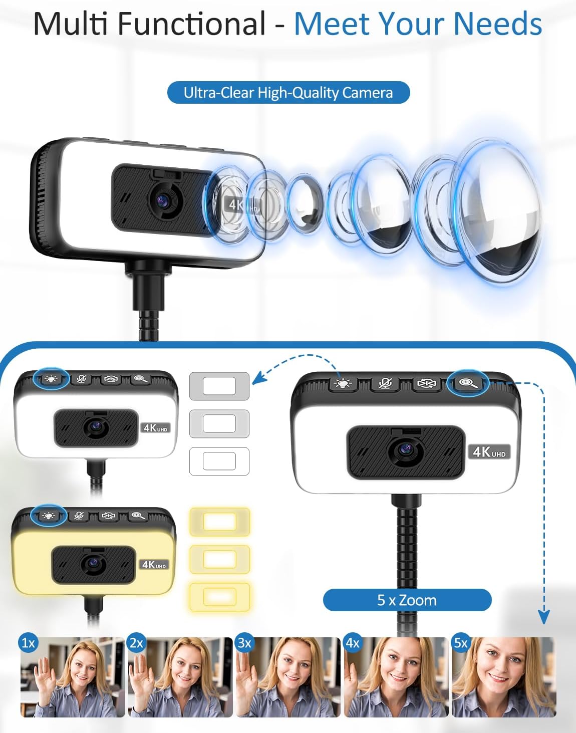 Webcam for PC, 4K Streaming Camera with Light, Web Camera for Desktop/Laptop Computer Webcam with Microphone, Plug and Play USB Web Cam with Bracket, for Video Calls and Meetings (Black)
