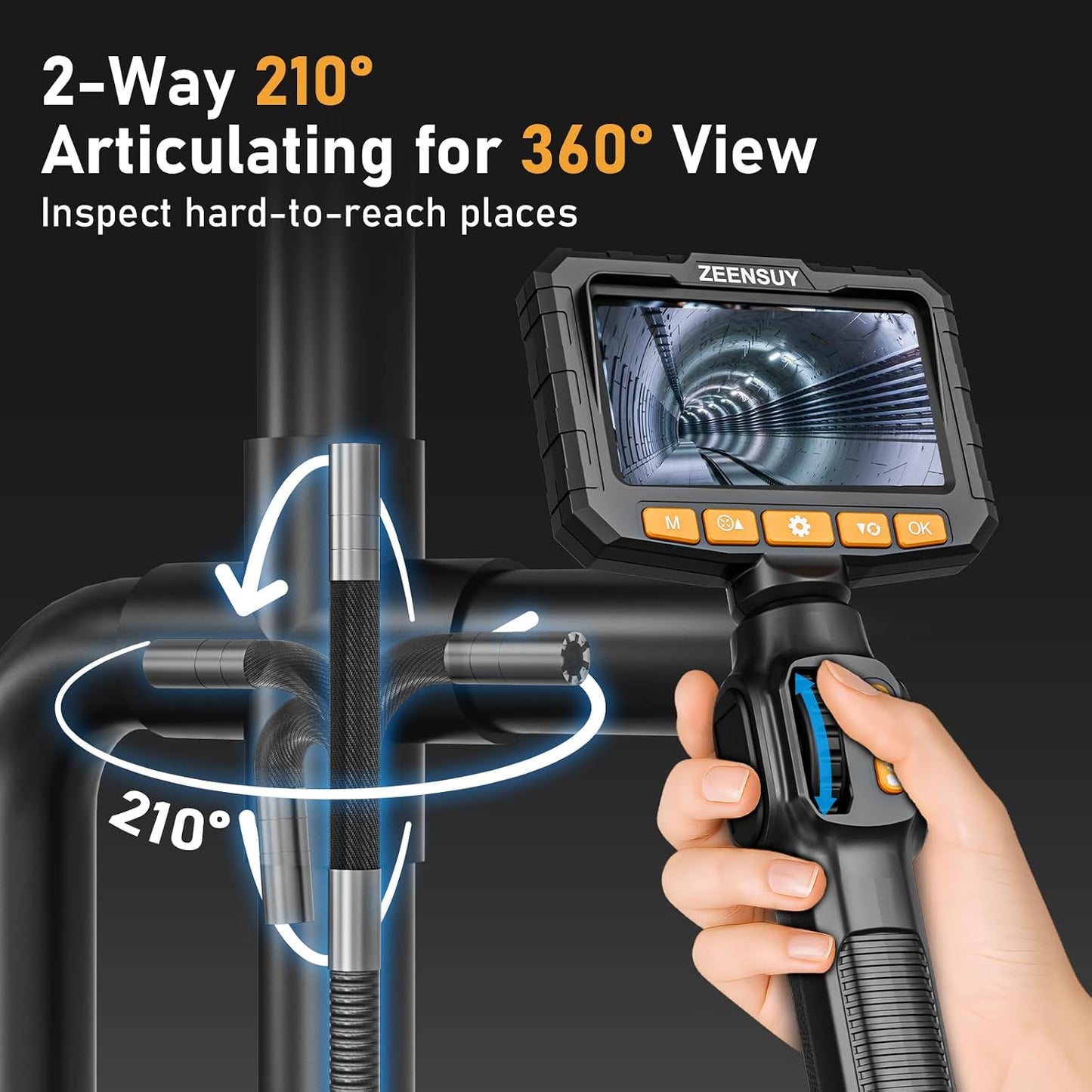 0.24in Two-Way Articulating Borescope, Endoscope Camera with Light | Industrial Inspection Camera, 5FT Flexible Semi-Rigid Cable, IP67 Waterproof, 4.3" IPS Screen, Automotive Engines & Plumbing
