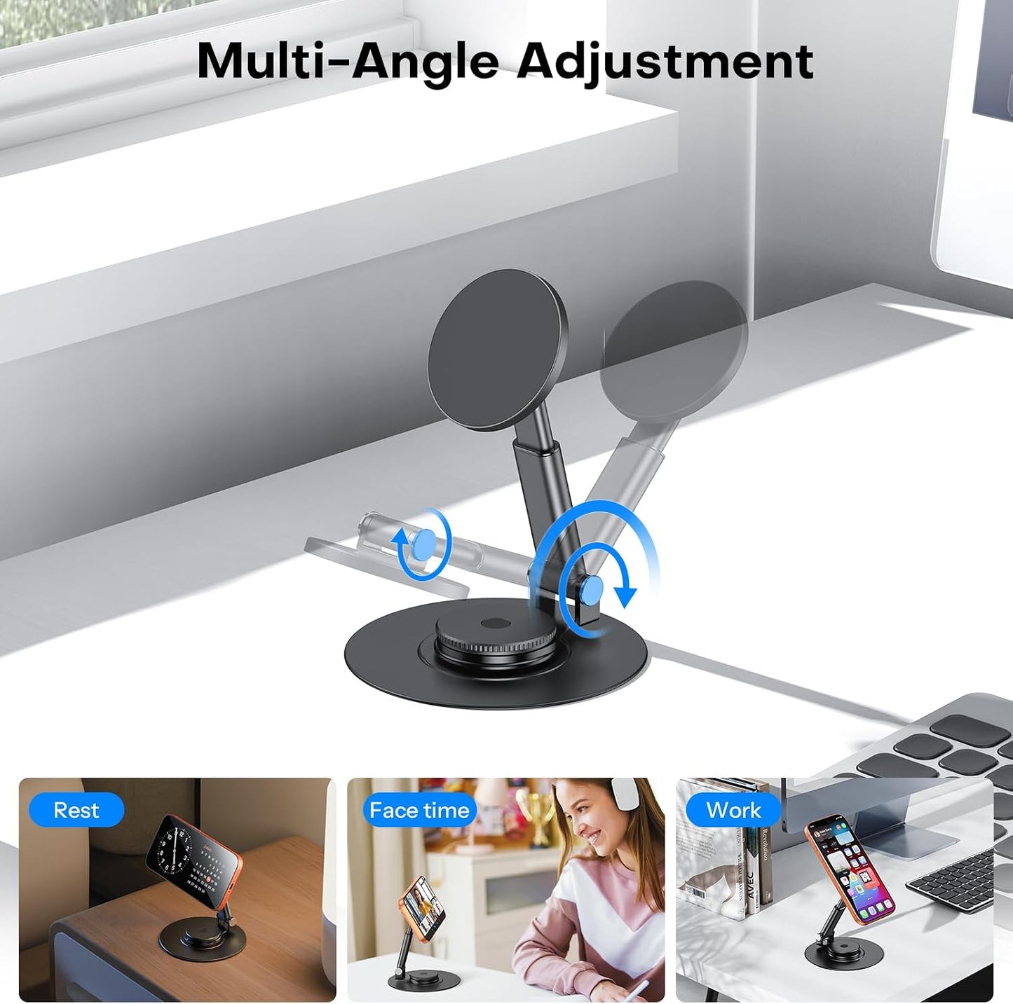 OMOTON MS05 [Height Adjustable] 360° Rotating Magnetic Phone Stand, Black | Foldable Cell Phone Stand for Desk, Office Desk Accessories Gift for iPhone 17/16/15 Pro Max Air for PC Gaming Women Men