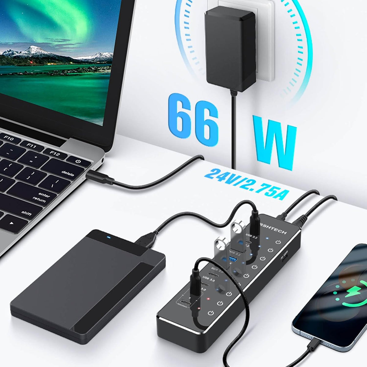RSHTECH 10-Port 66W Powered USB C/USB 3.2 Hub 10Gbps for Data & PD Charging