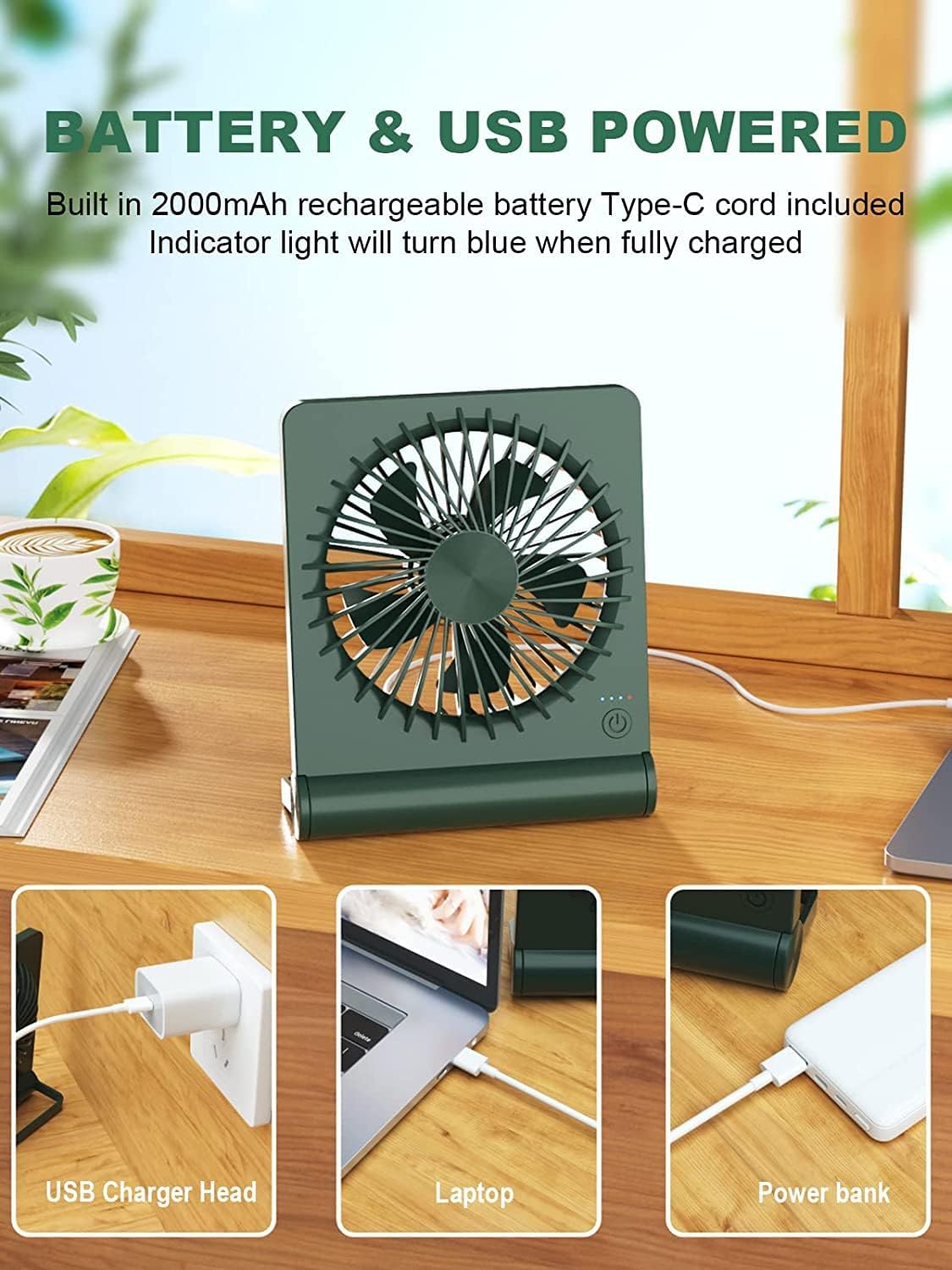 Desk Fan, Rechargeable Battery Operated, 3 Speeds Ultra Quiet Strong Wind | USB-C powered,180° tilt folding.25dB quiet.2000mAh battery:12/8.5/4.5hrs.Portable,personal fan for desk,office,home,bedroom.