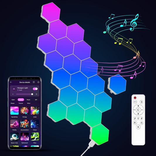 20-Pack Hexagon Light Panels – Smart RGB LED Wall Lights with App & Remote – Music Sync Gaming Lights for Gamers, Game Room Decor, Gaming Equipment, Living Room, Bedroom, Kids & Adults