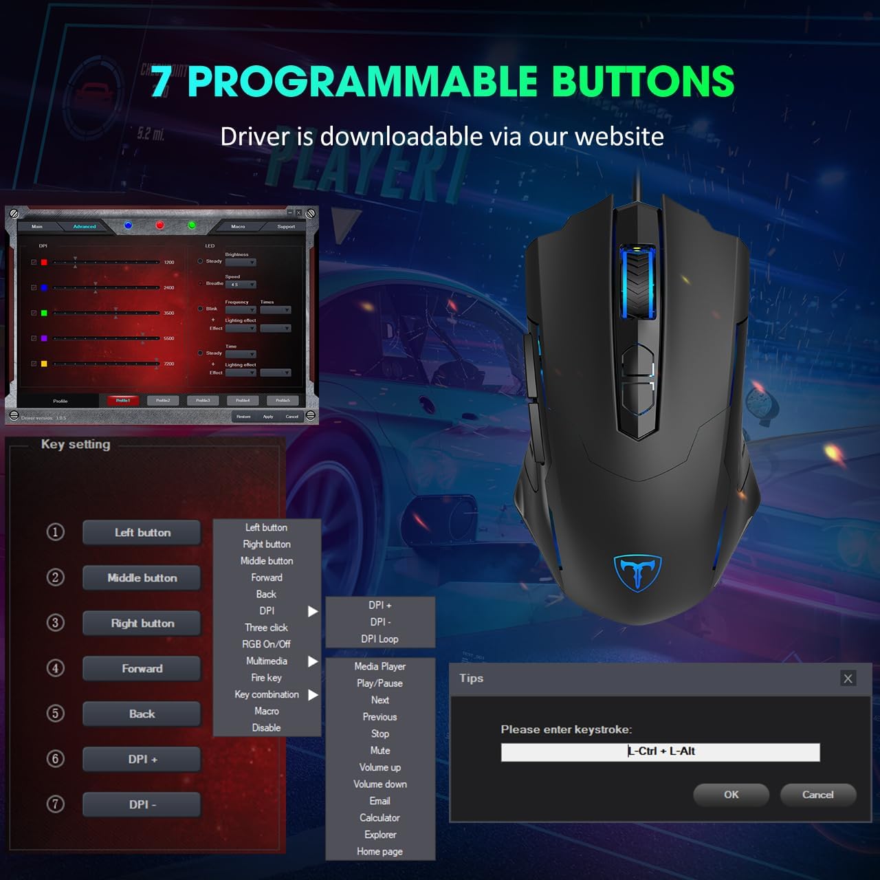 Wired Gaming Mouse, Ergonomic Mice, 7 Buttons 7200DPI for Laptop PC Gamers | Adjustable 7200 DPI, colorful RGB LED lighting, durable wired connection, great for gaming, daily work and office computer