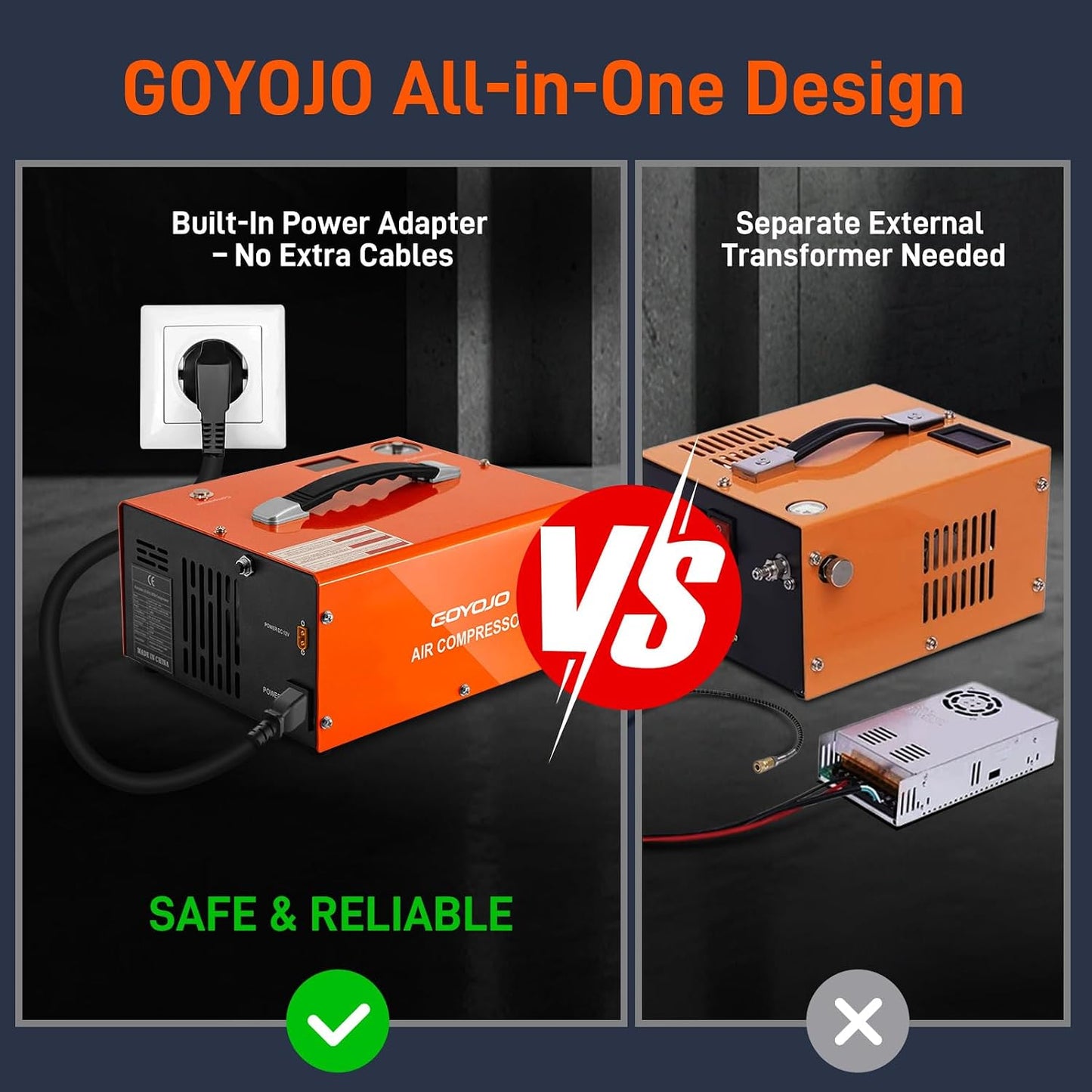 GOYOJO PCP Air Compressor, Max 4500 PSI / 300 Bar, Fast Fill for Airguns or Paintball Tank, Auto Shut-Off, Dual Power Car 12V DC or Home 120V AC, Built-in Cooling Fan, 300W Portable Pcp Pump