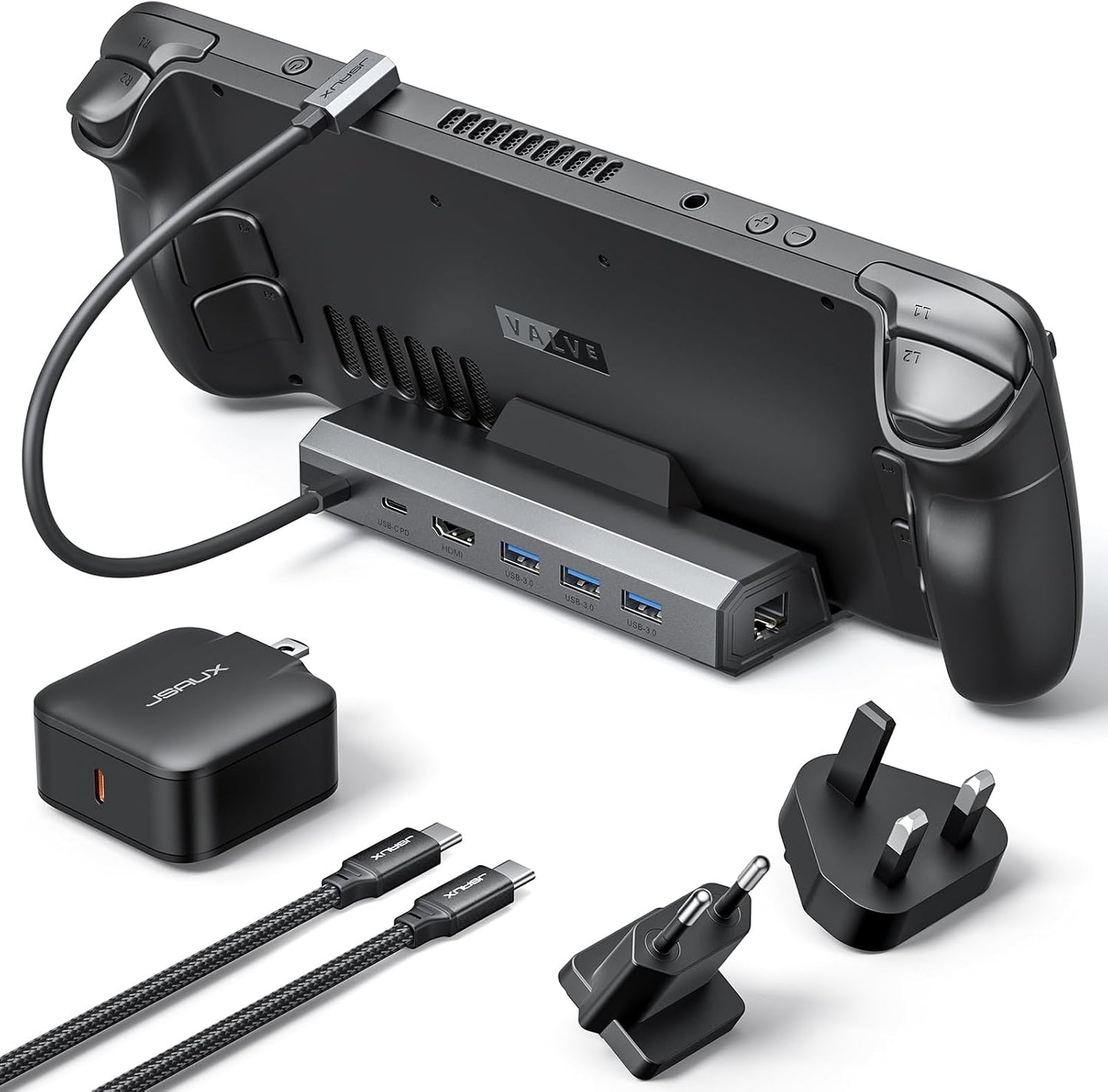 JSAUX 6-in-1 Docking Station for Steam Deck/ROG Ally X/Legion Go S-HB0603 | 4K@120Hz HDMI, Gigabit Ethernet, 100W PD Fast Charging, 3 USB 3.0 Ports, Widely Compatible with SteamOS & Windows Handhelds