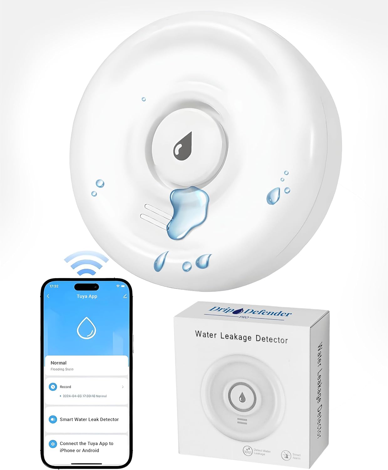 Drip Defender Pro Water Sensor WiFi Water Leak Detector for Home 100dB | High Sensitivity Smart Moisture Alarm, IP66 Waterproof, Easy Installation for Kitchens, Basements, Bathrooms, Laundry