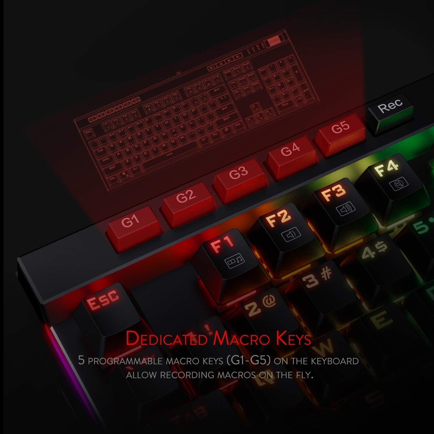 Redragon K580 Wired RGB Mechanical Gaming Keyboard, Macro Key & Media Wheel | 5 On-Board Keybinding Buttons for MMO MOBA Games, Dedicated Media Controls, Classic Tactile Blue Switch for Hype Typing Feel