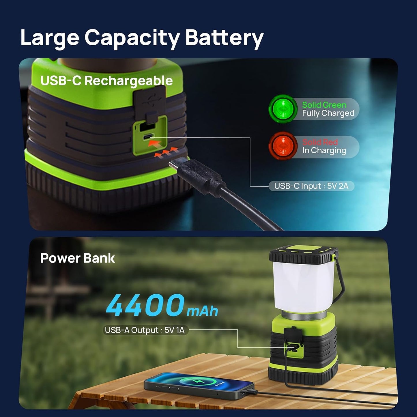 Consciot 1000LM LED Camping Lantern Rechargeable, 4 Light Modes, Dimmable | 4400mAh Portable Battery Pack, IPX4 Waterproof Tent Lights, Flashlight for Emergency, Power Outages, USB C Cable Included