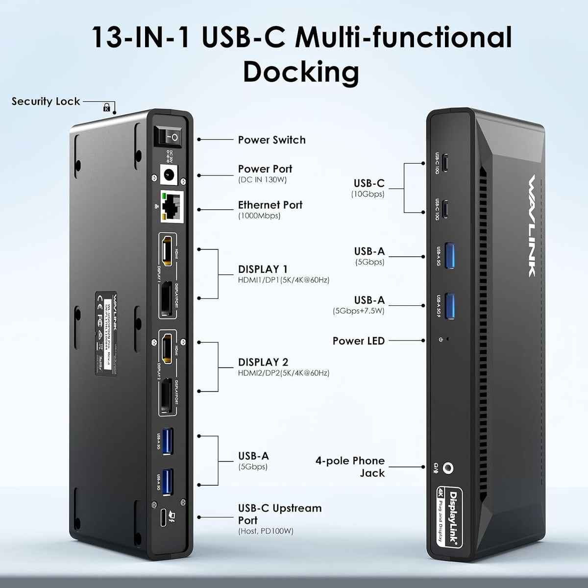 WAVLINK USB C Displaylink Docking Station Dual 4K@60Hz(2 HDMI+2DP)