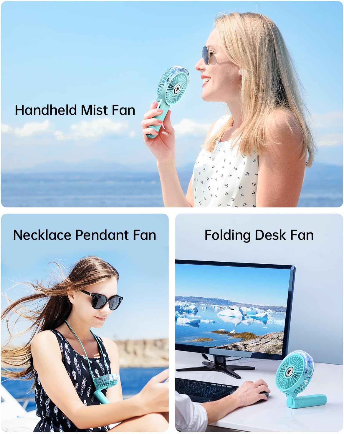 SWEETFULL Portable Misting Fan - 180° Foldable Handheld Personal Fan with Mist Spray, 3 Speeds, 30ml Water Tank, USB Rechargeable - Ideal for Travel, Outdoors, Makeup, Camping, Home, and Office Use