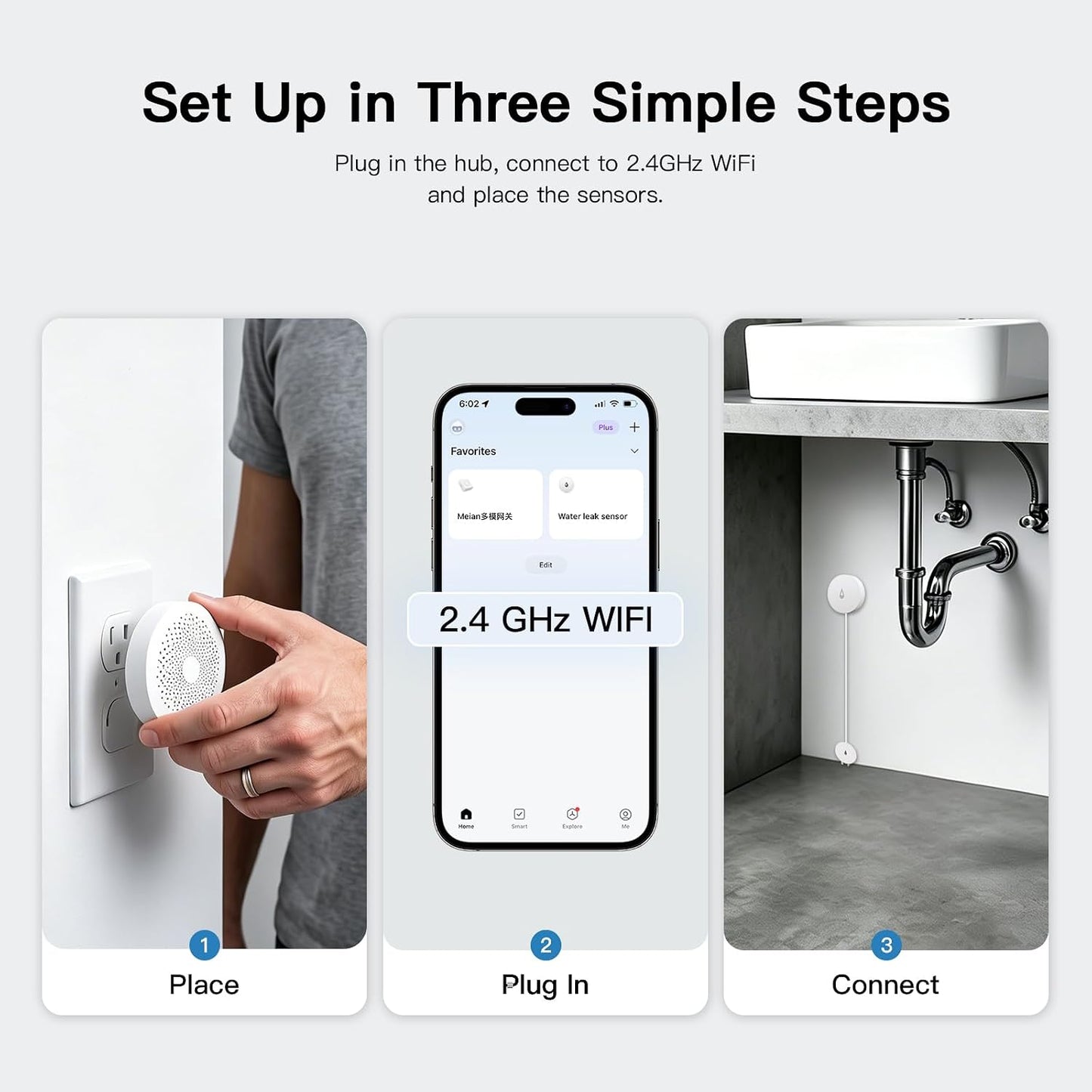 WiFi Water Leak Detector with Flexible Probes for Home, Hub & 3 Water Sensors, App Alerts, Loud Hub Alarm, 330FT Range, Alarm for Basement, Water Heater, Washing Machine & Under Sink