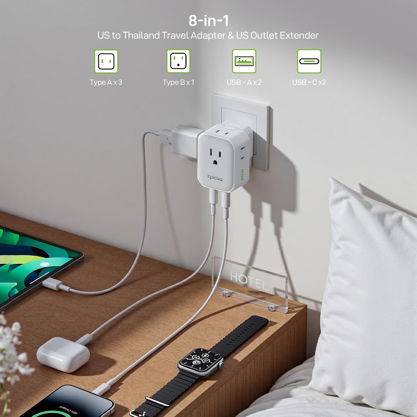 EPICKA Thailand Travel Plug Adapter, Foldable & Detachable Type O (Thailand) VisaPlug, 8-in-1 International Power Adapter with 4 USB Ports (2 USB-C PD 20W), Cruise Approved, US to Thailand, White