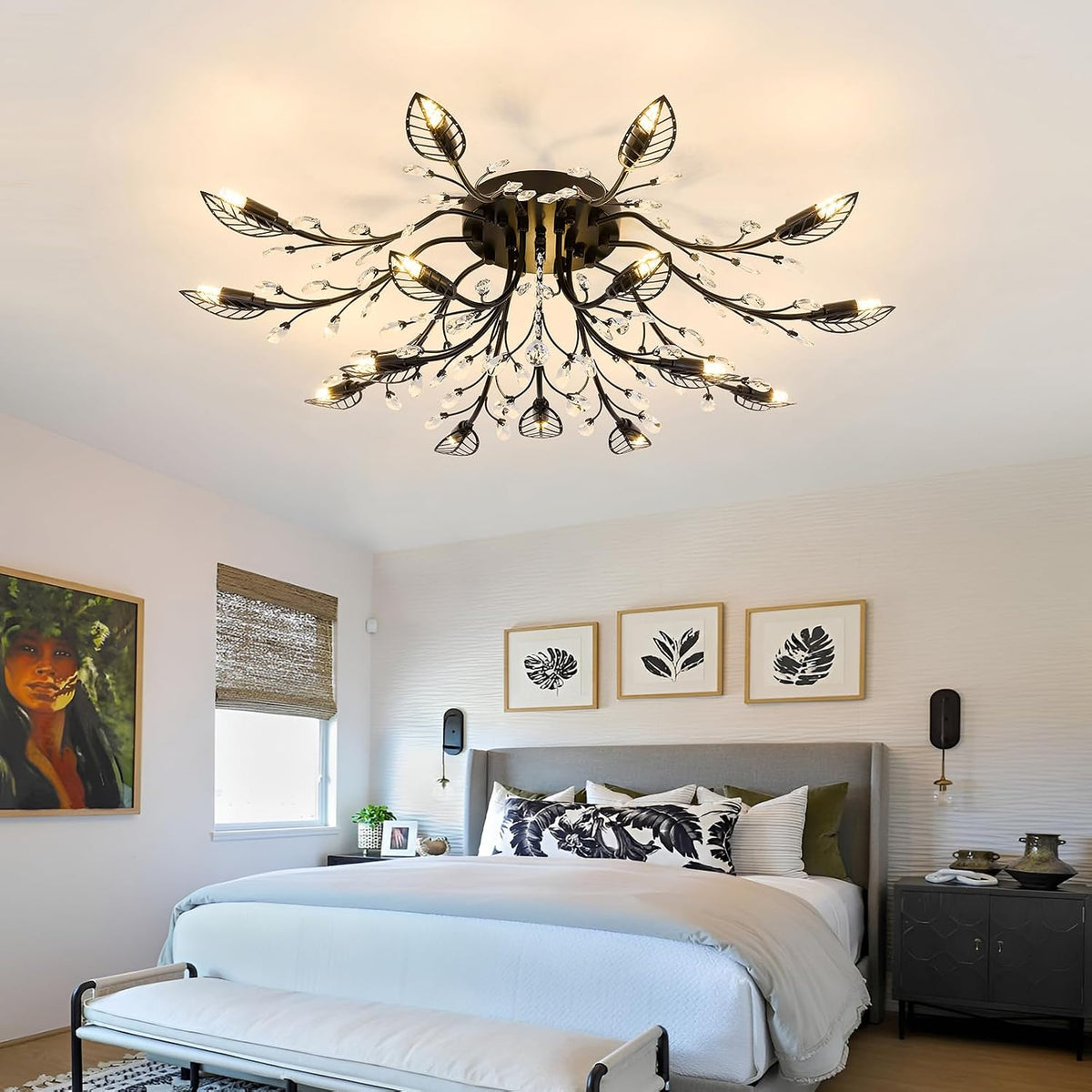 CVKASH 15 Light Vintage Small Crystal Chandelier Modern Branche Semi Flush Mount Ceiling Light Fixture Black Chandelier Lighting for Kitchen Bedroom Living Room Dining Room Hallway Foyer