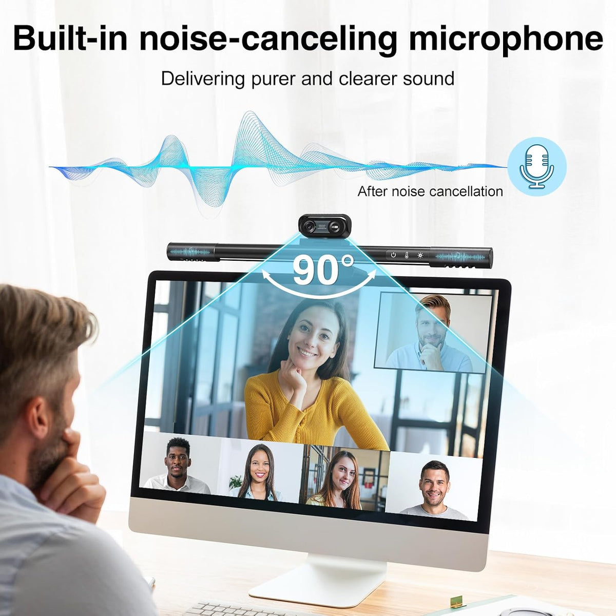 4-in-1 4K Webcam with Microphone and Speaker, Noise Cancellation, Privacy Cover, Auto Light Correction, 90° FOV , Plug & Play USB Camera with Monitor Light Bar, Webcam for PC/Meeting/Online Video