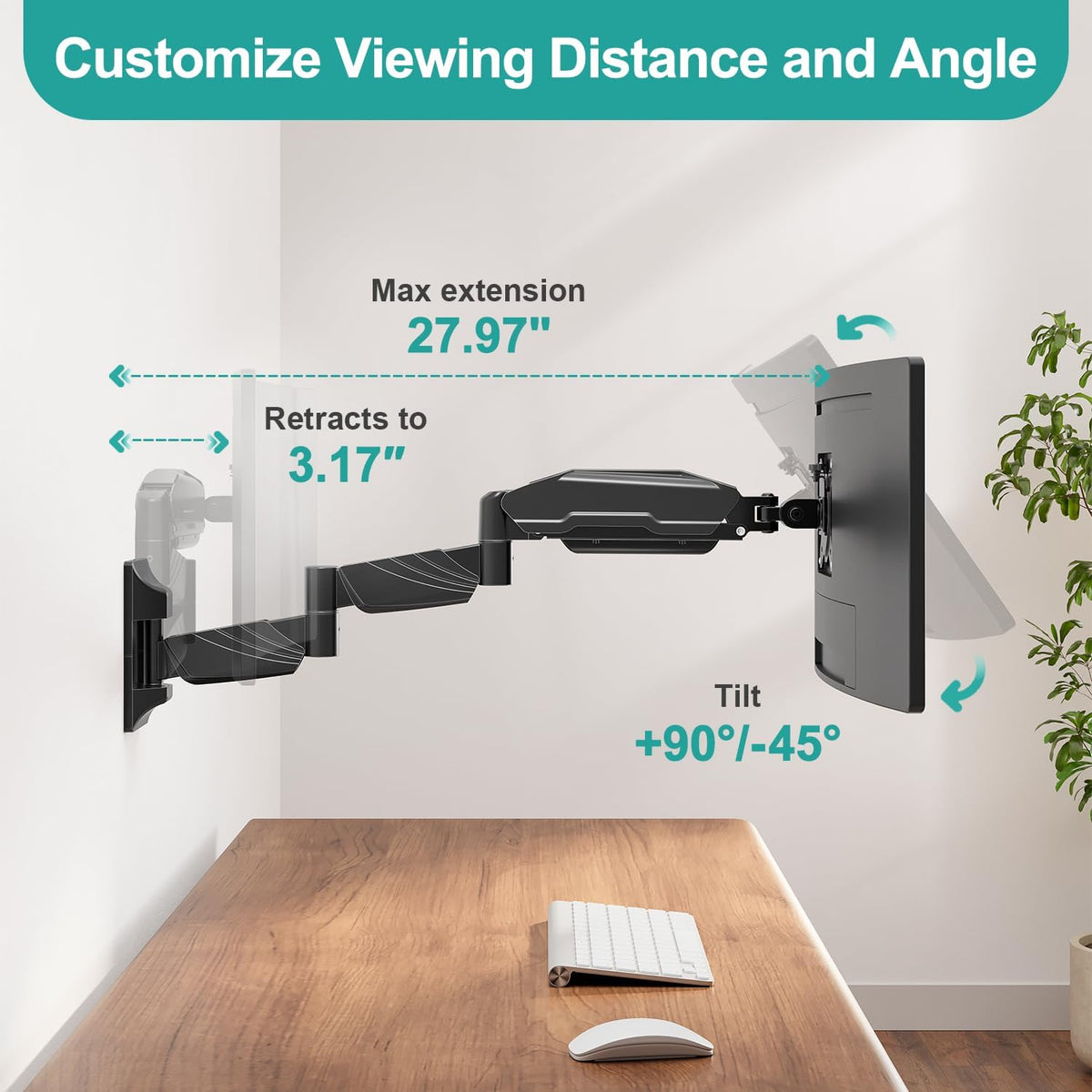 MOUNT PRO Monitor Wall Mount for 13 to 32 inch Computer Screen, Extra Long Adjustable Single Wall Mount Monitor Arm, Full Motion Vesa Wall Bracket 100x100, Hold up to 17.6lbs, Black