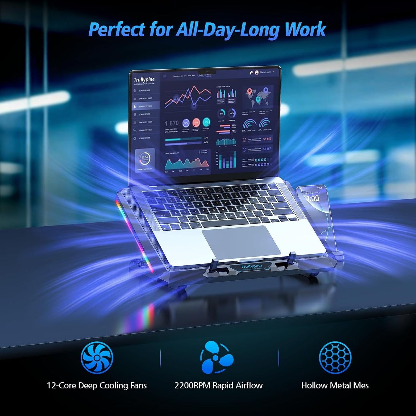 Laptop Cooling Pad with 12 Quiet Fans, Slim Portable for 12-17.3 Inch Laptop Cooler Stand with 5 Height Adjustable, Ergonomic Gaming Cooling Fan Pad with Two USB Ports & Phone Holder (Gear)