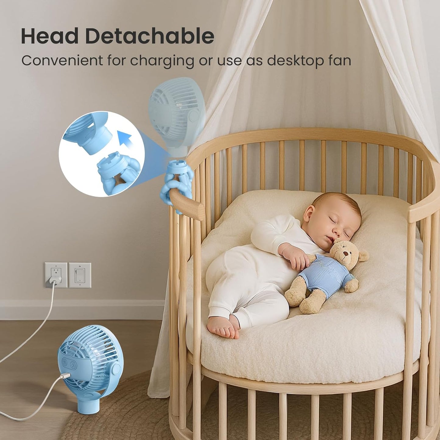 Coohea Portable Stroller Fan, 25H Long-lasting, 4 Speed, Night Light, Blue | 4000mAh Rechargeable Battery Powered Fan, Head Detachable 360° Rotate Mini Fan, Easy to Wrap for Car Seat Crib Bike Treadmill