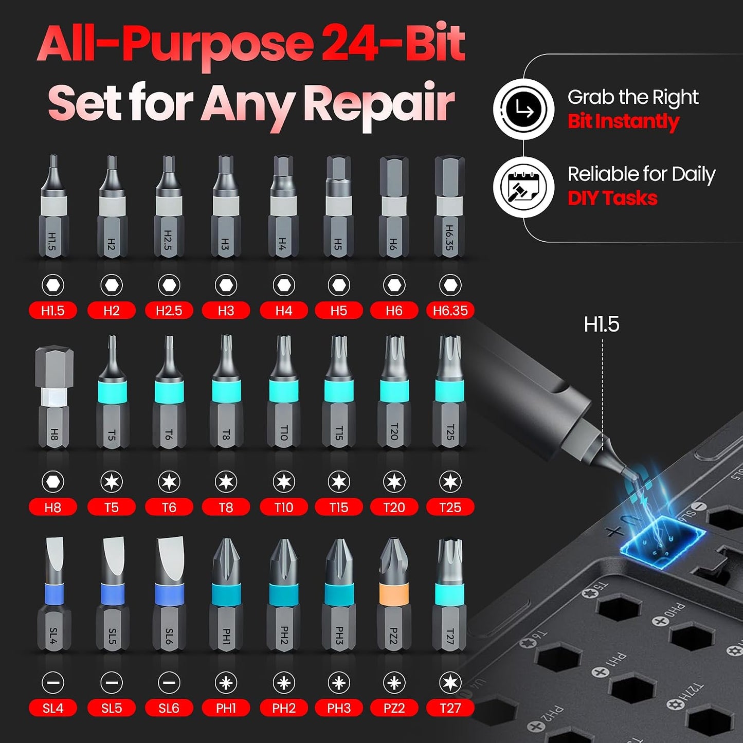 24 in 1 Magnetic Ratchet Screwdriver Set, Magnetic Screwdriver Set with Multi-Bit Ratcheting Handle & Bit Magnetizer, Compact Repair Tool Kit with Storage Case for Furniture, Computer, Bicycle and DIY