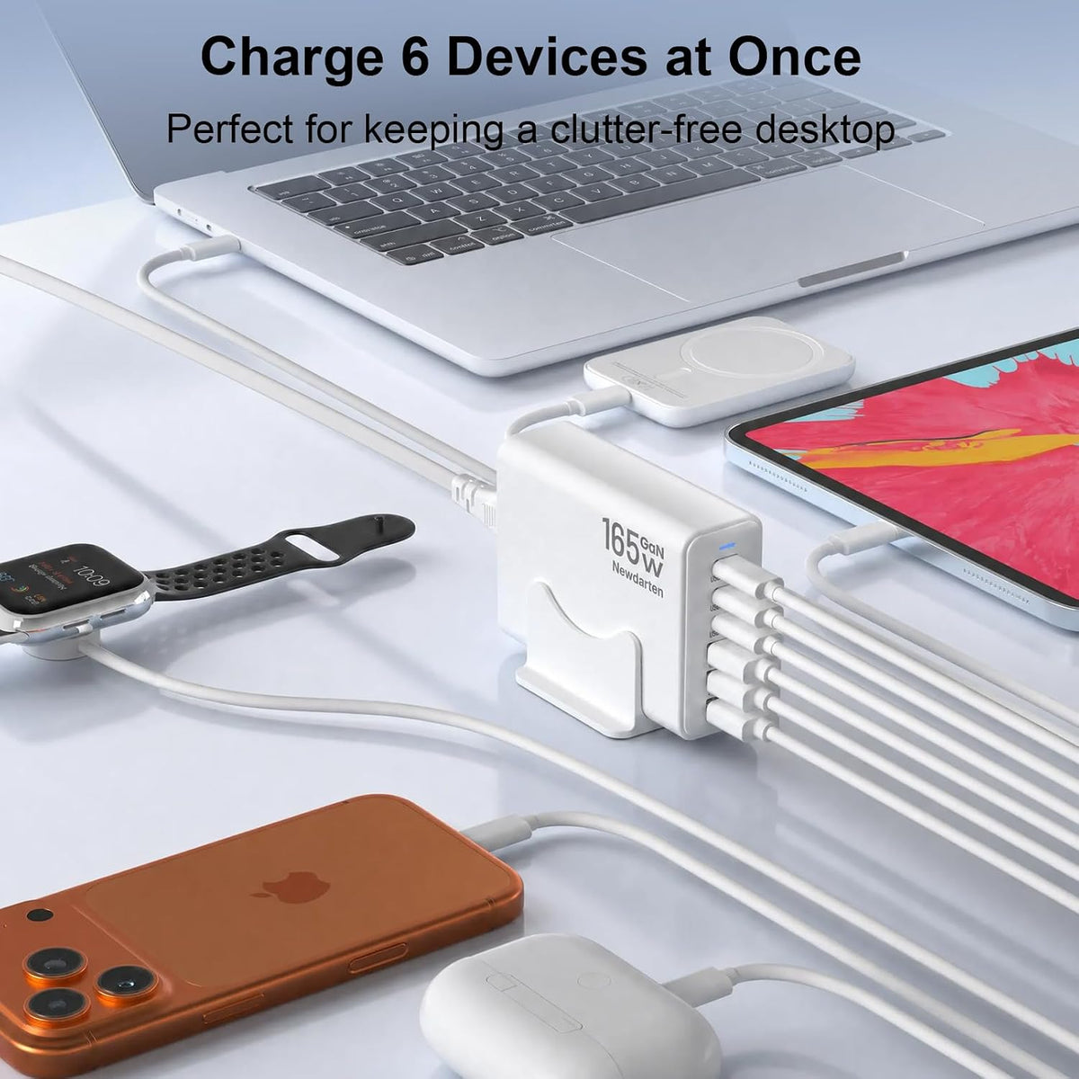 165W Charging Station, 6 Port Desktop Charger, 3 Ports 40W White | USB Charger Block, 3 x USB A 15W, 3 x USB C 40W, Compatible with iPhone, Galaxy, MacBook, iPad, Home Office, Travel and More