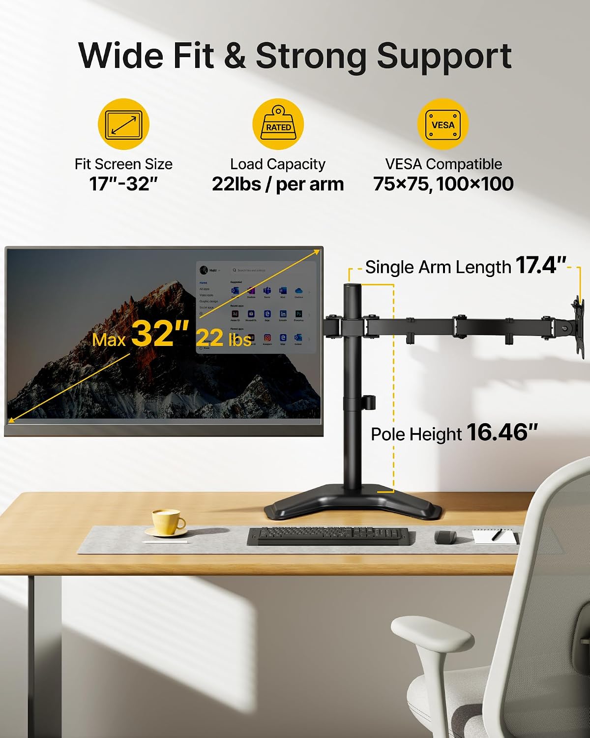 monTEK Freestanding Dual Monitor Stand for 17-32" Screens, 22 lbs Each | Solid V-shaped base, dual-screen full-motion arms, height adjustment, tilt, swivel, rotation and VESA 75/100