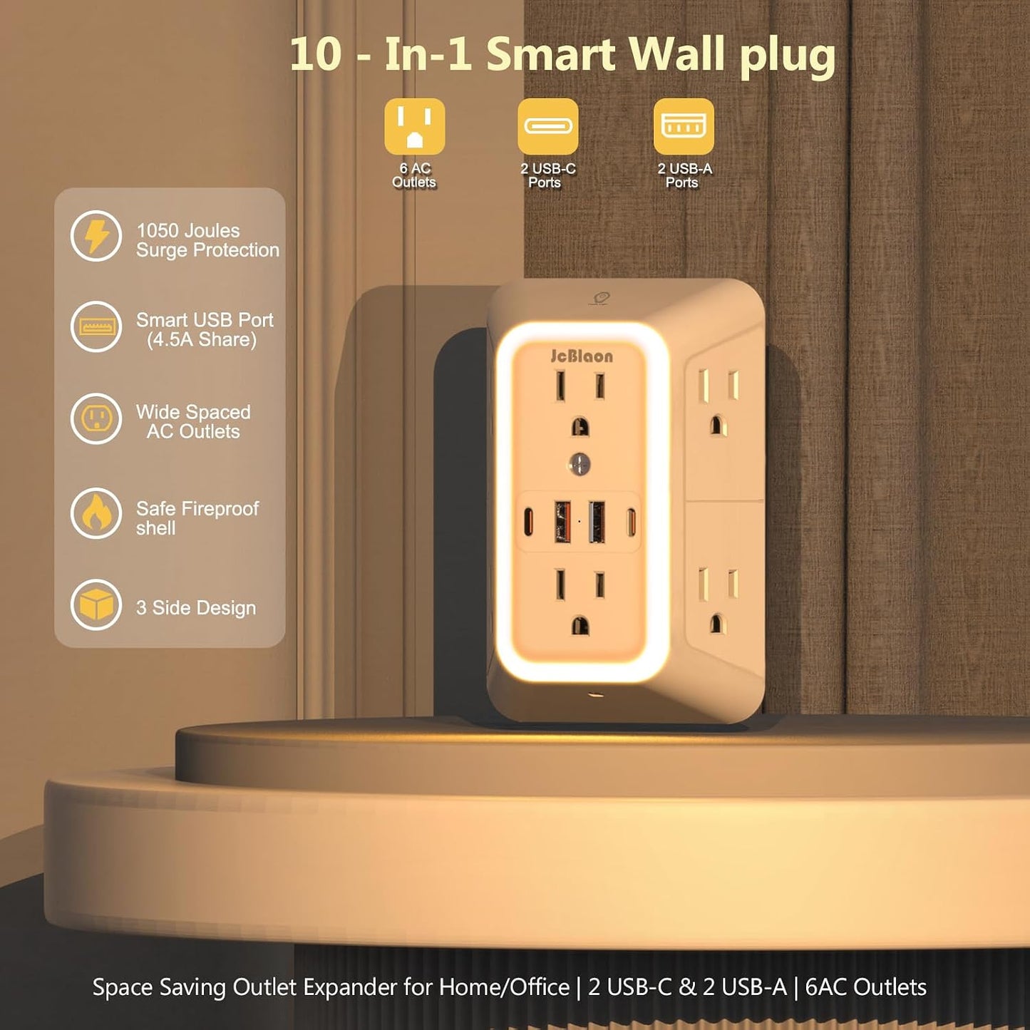 Wall Outlet Extender with Night Light, Power Plug Adapter 6 Outlet Extender with 4 USB Charging Ports 1050J Power Strip Multi Plug Adapter Spaced for Home Travel Office (2U2C)-ETL