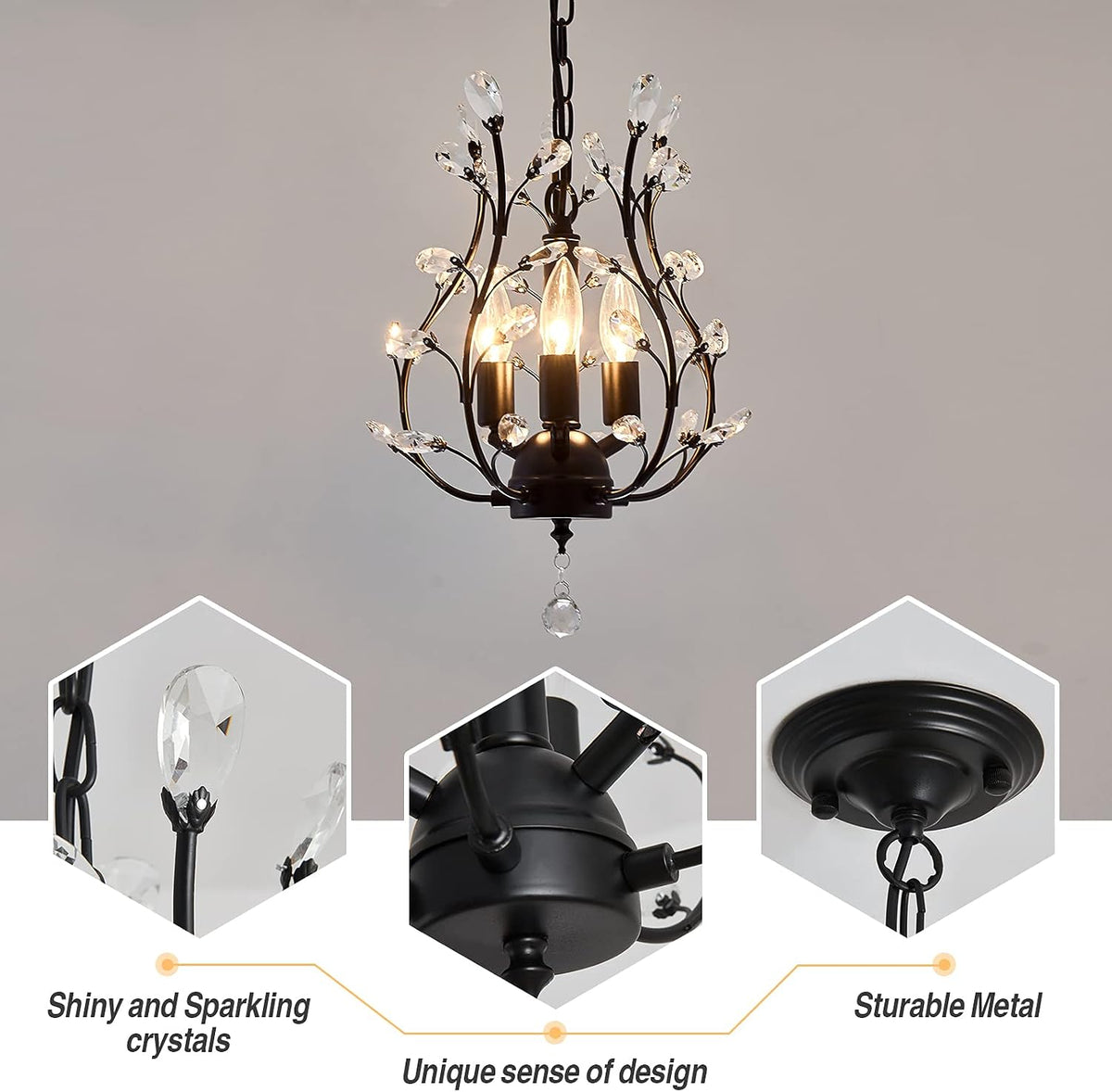 CVKASH 3 - Light Branch Crystal Chandelier Small Flush Mount Vintage Pendant Hanging Lighting Farmhouse Light Fixture for Bedroom Porch Dining Room Kitchen Hallway Foyer(Matte Black)