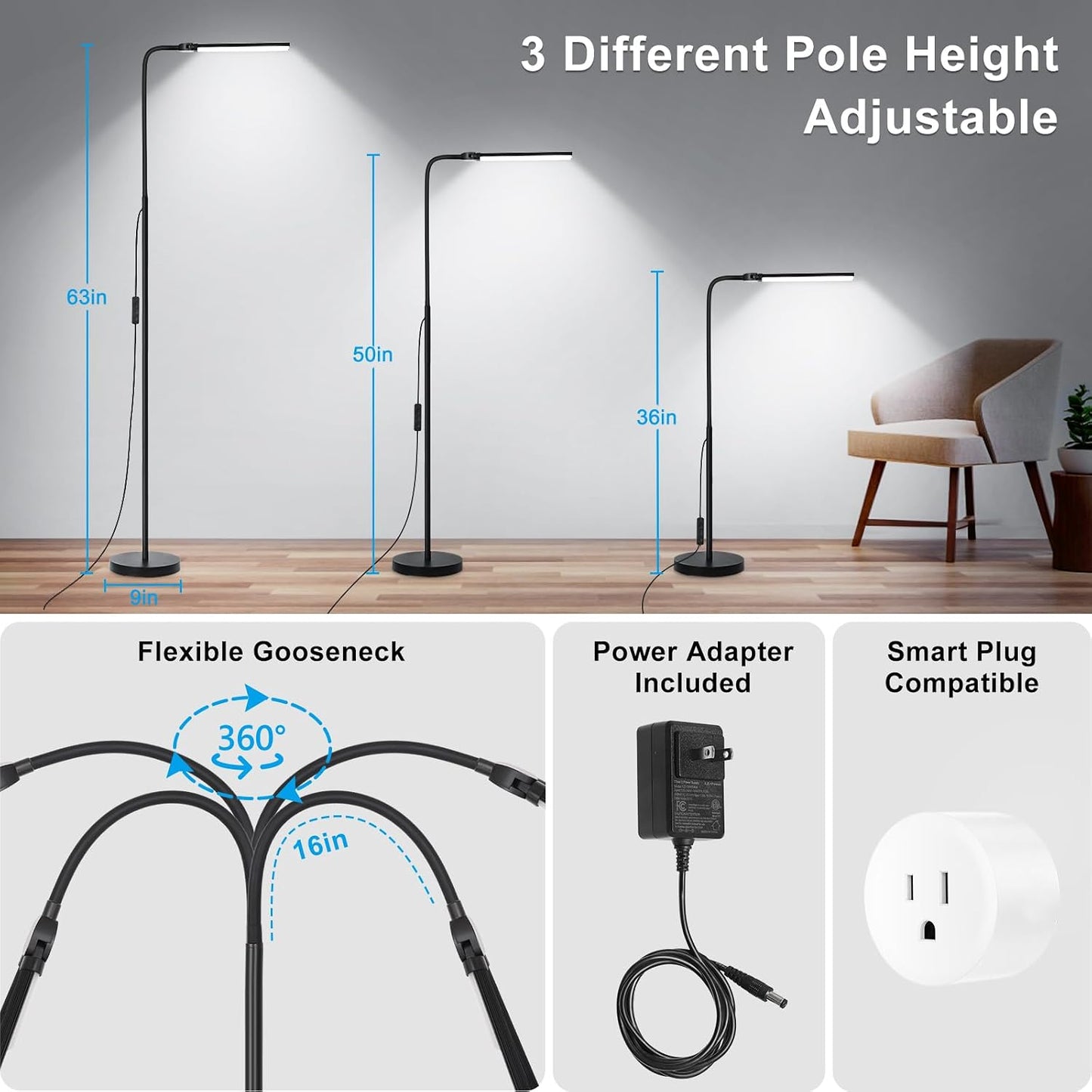 LED Floor Lamp, 18W/2000LM Bright Reading Floor Lamp for Office with Double Head, Adjustable Gooseneck Dimmable Modern Standing Light for Lash Extension Craft, Eye Caring Floor Lamps for Living Room