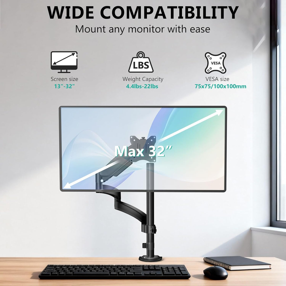 WALI Extra Long Single Monitor Arm for 13-32 inch Screens, up to 19.8 lbs