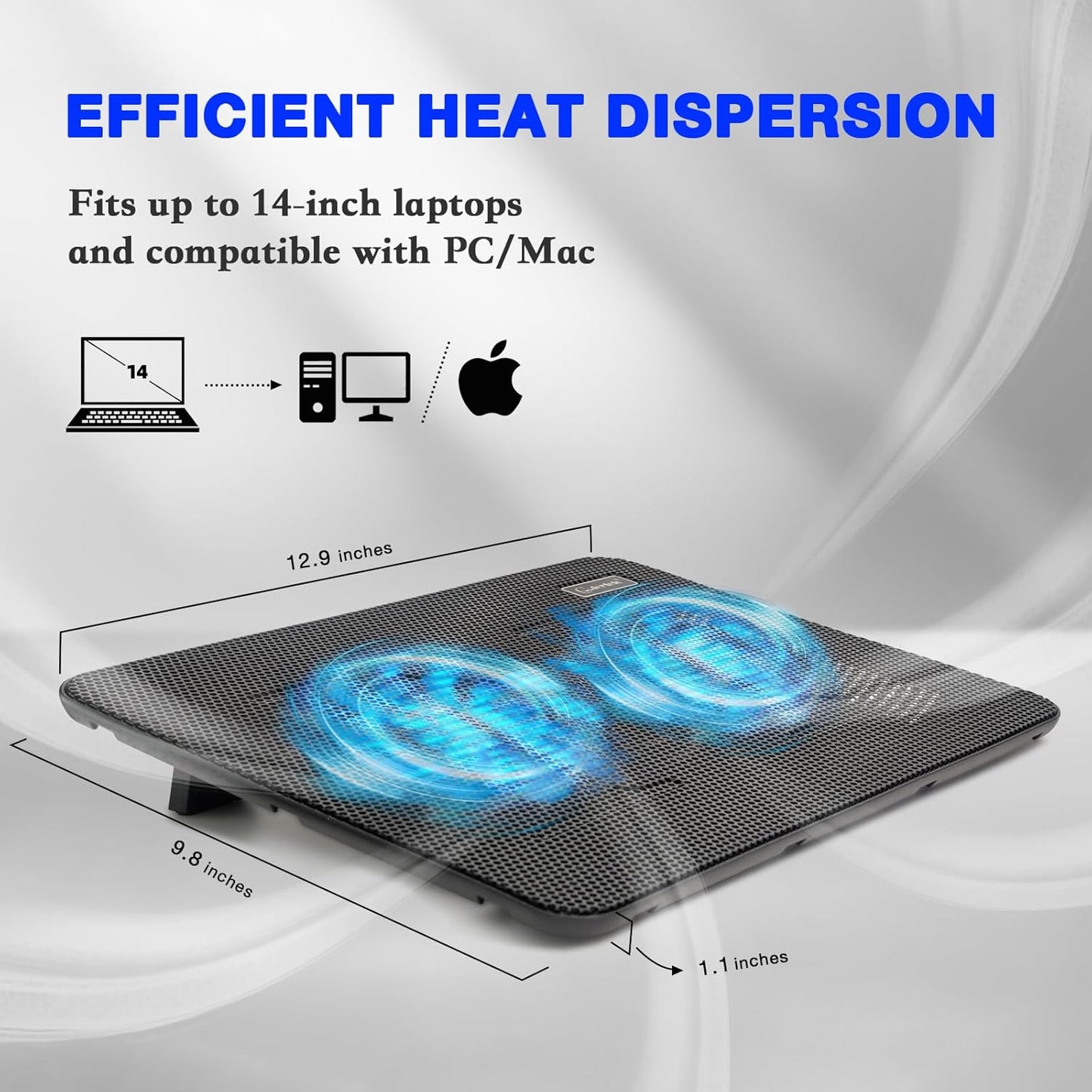 Laptop Cooling Pad, Coolertek Portable Slim Quiet Laptop Notebook Cooler Cooling Pad Stand with 2 Blue LED Fans, USB Powered, Adjustable Angled, Fits 11-14 Inch Laptop