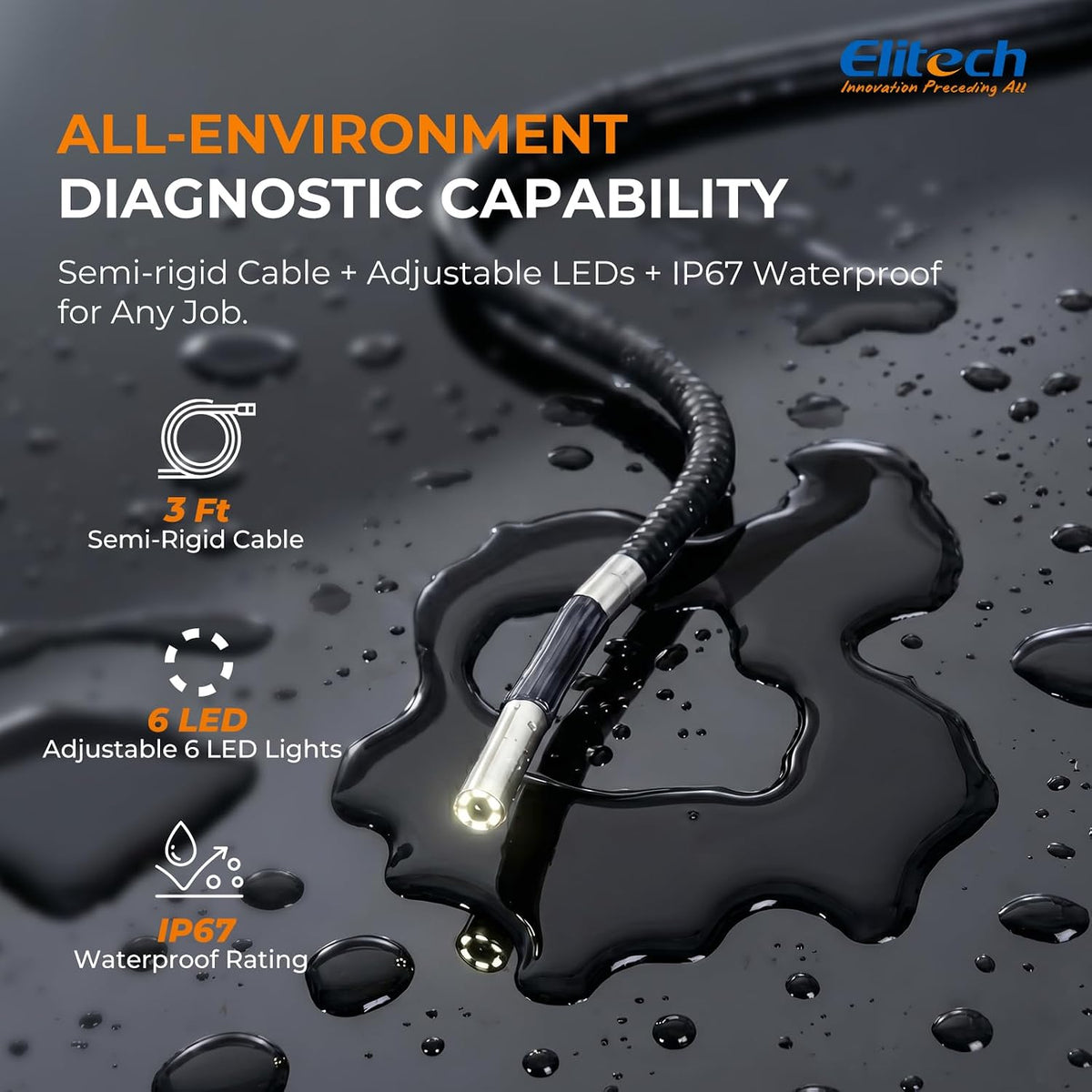 Elitech Articulating Borescope with Light, 6mm/0.24in Inspection Camera | 180° Articulation, Adjustable LEDs, 1080P IPS Display, Slim Probe, IP67 Waterproof, 20,000+ Bend Life, High Temp Protection