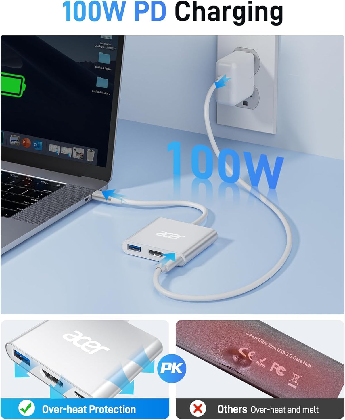 Acer USB C to HDMI Adapter, 4K USB C Hub with 100W PD for Laptop/Monitor/TV