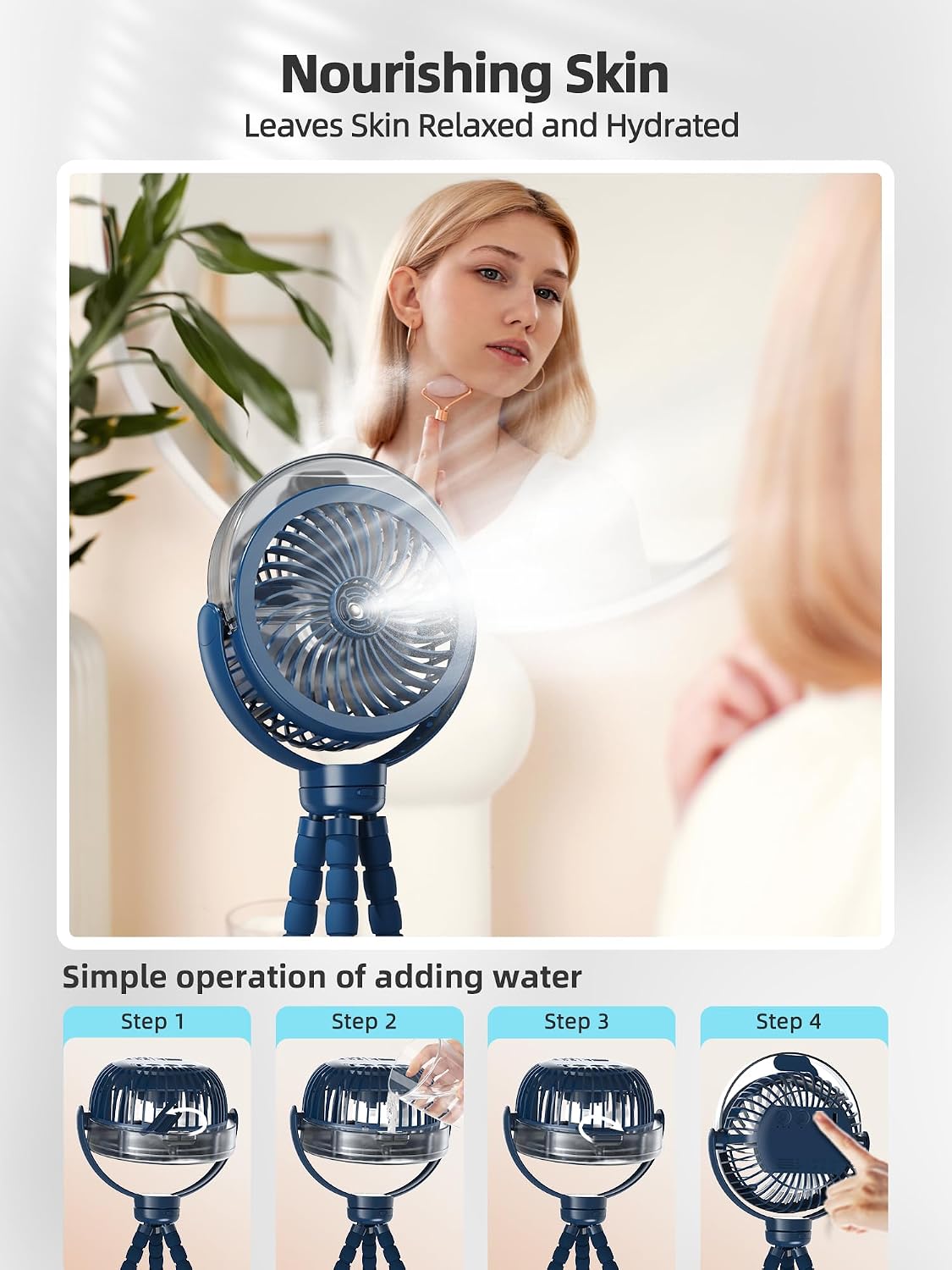 Misting Stroller Fan, 6000mAh Battery Operated Portable Fan with Light & 360° Pivoting, Personal Cooling Fans with Flexible Tripod for Baby, Office, Travel,Treadmill,Outdoors (Dark Blue)